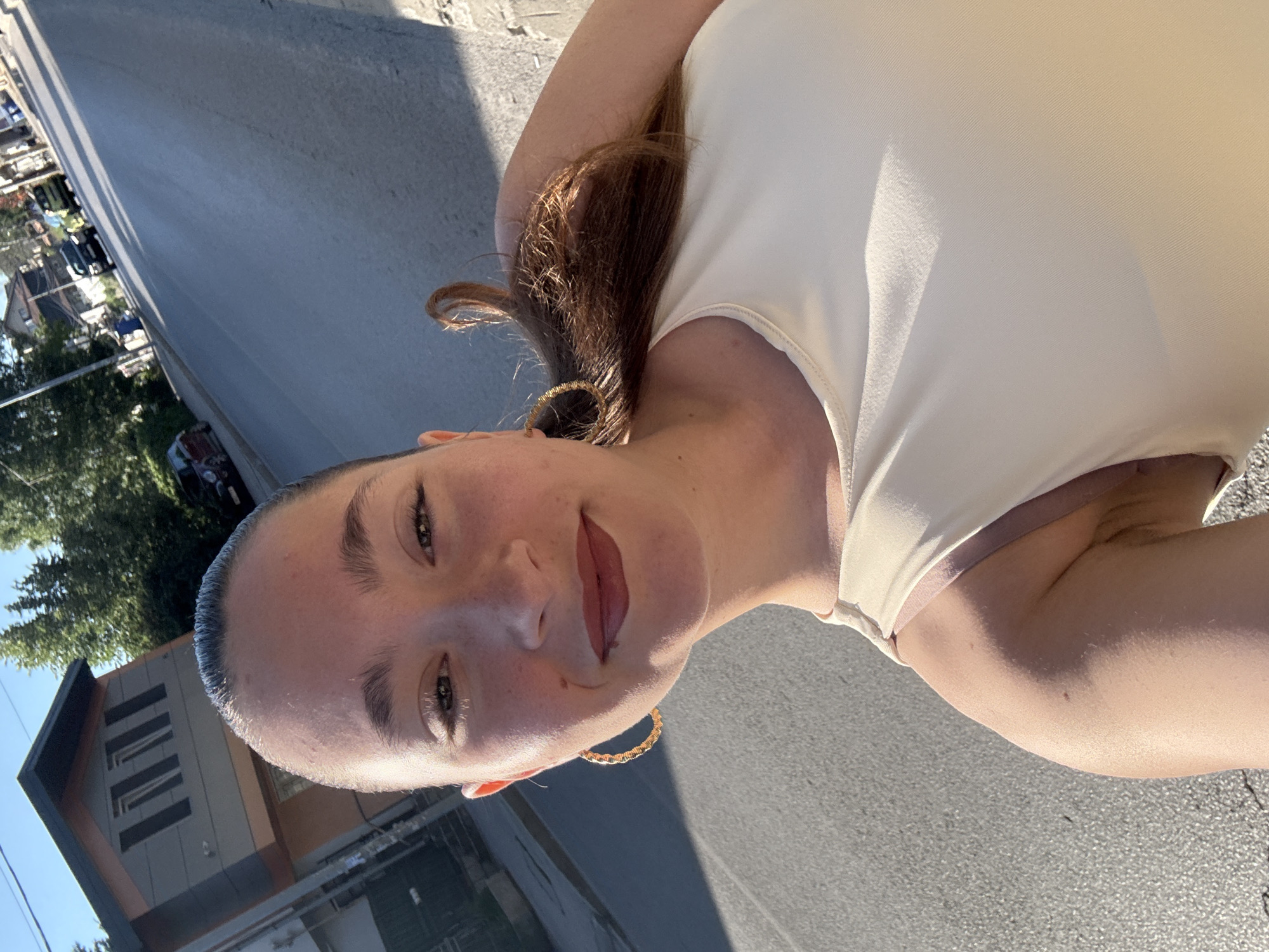 Woman Takes Morning Selfies in Sofia Bulgaria Neighborhood