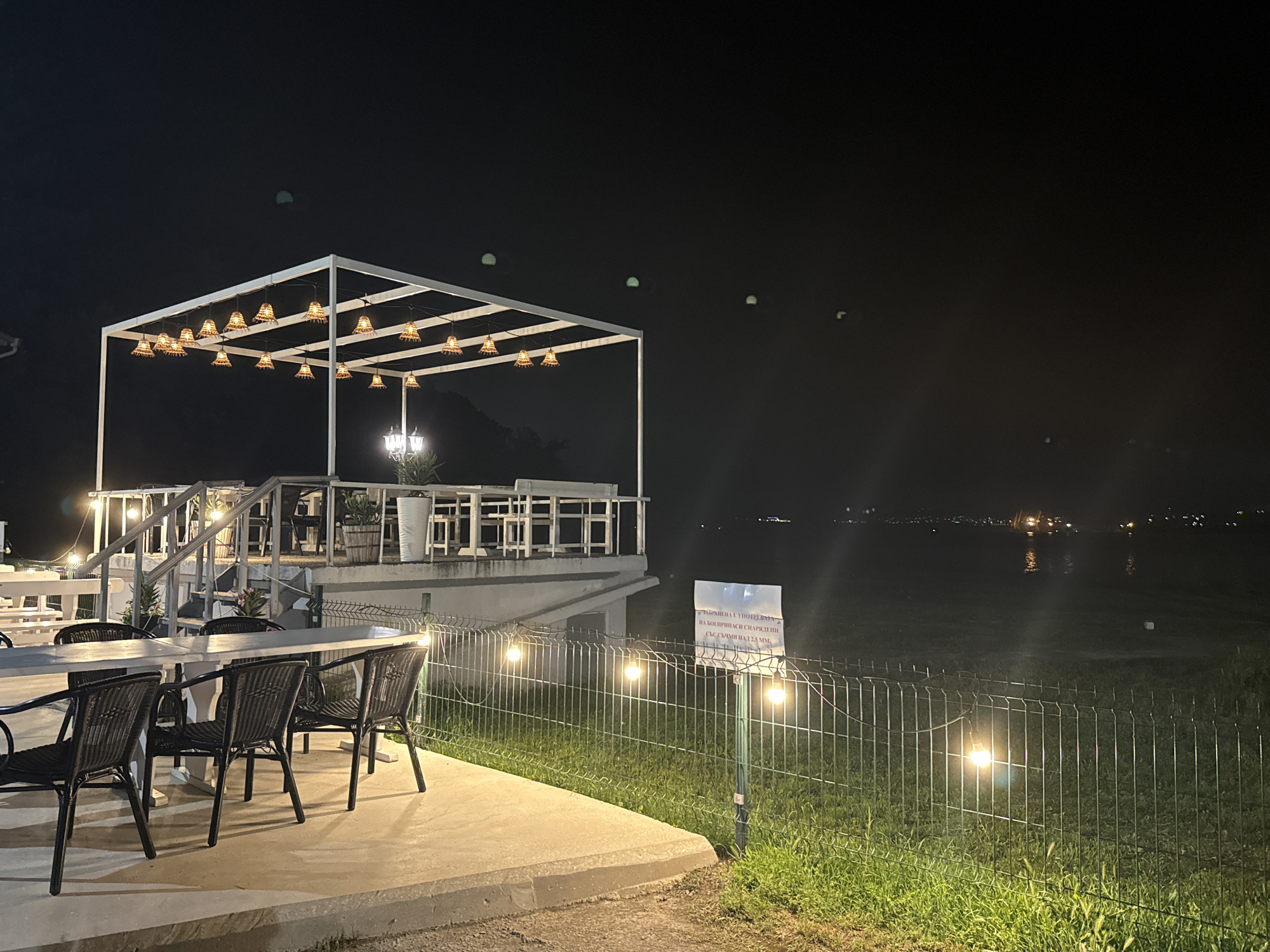 Empty outdoor restaurant patio observed at night