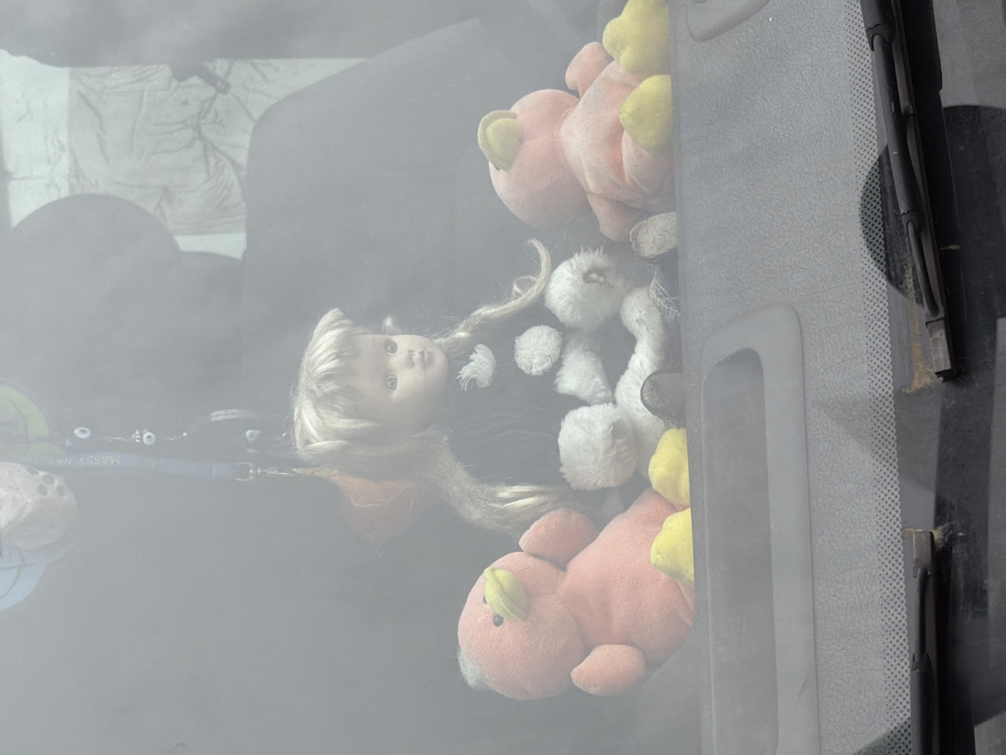 Children's toys viewed through dusty window in Montreuil