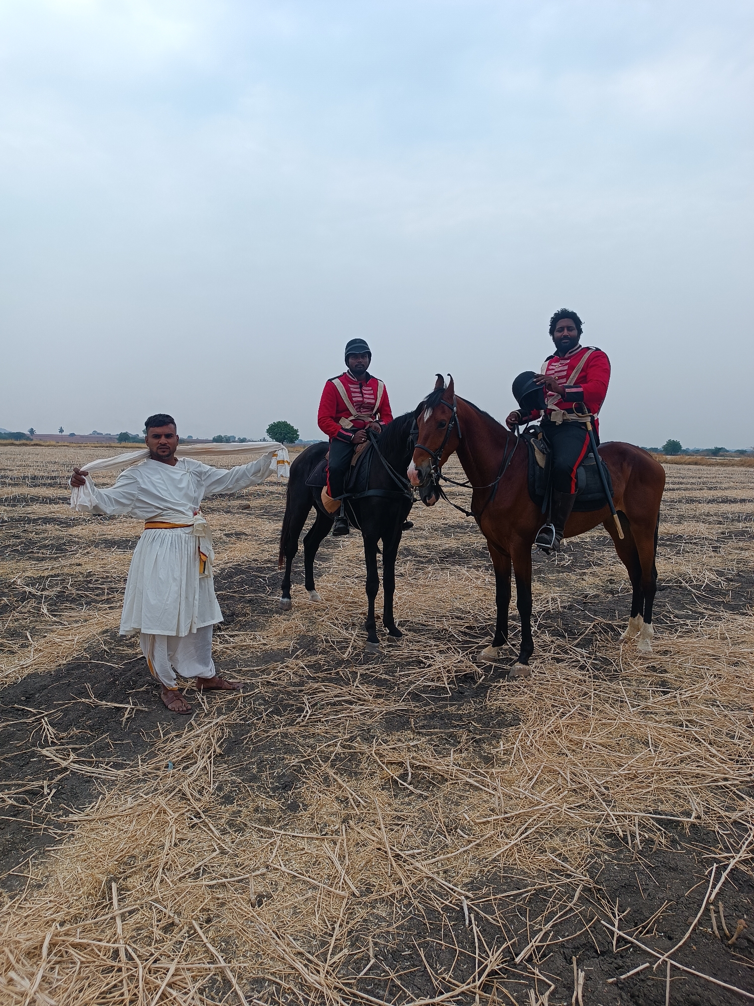 Historical military reenactment unfolds in rural Indian fields