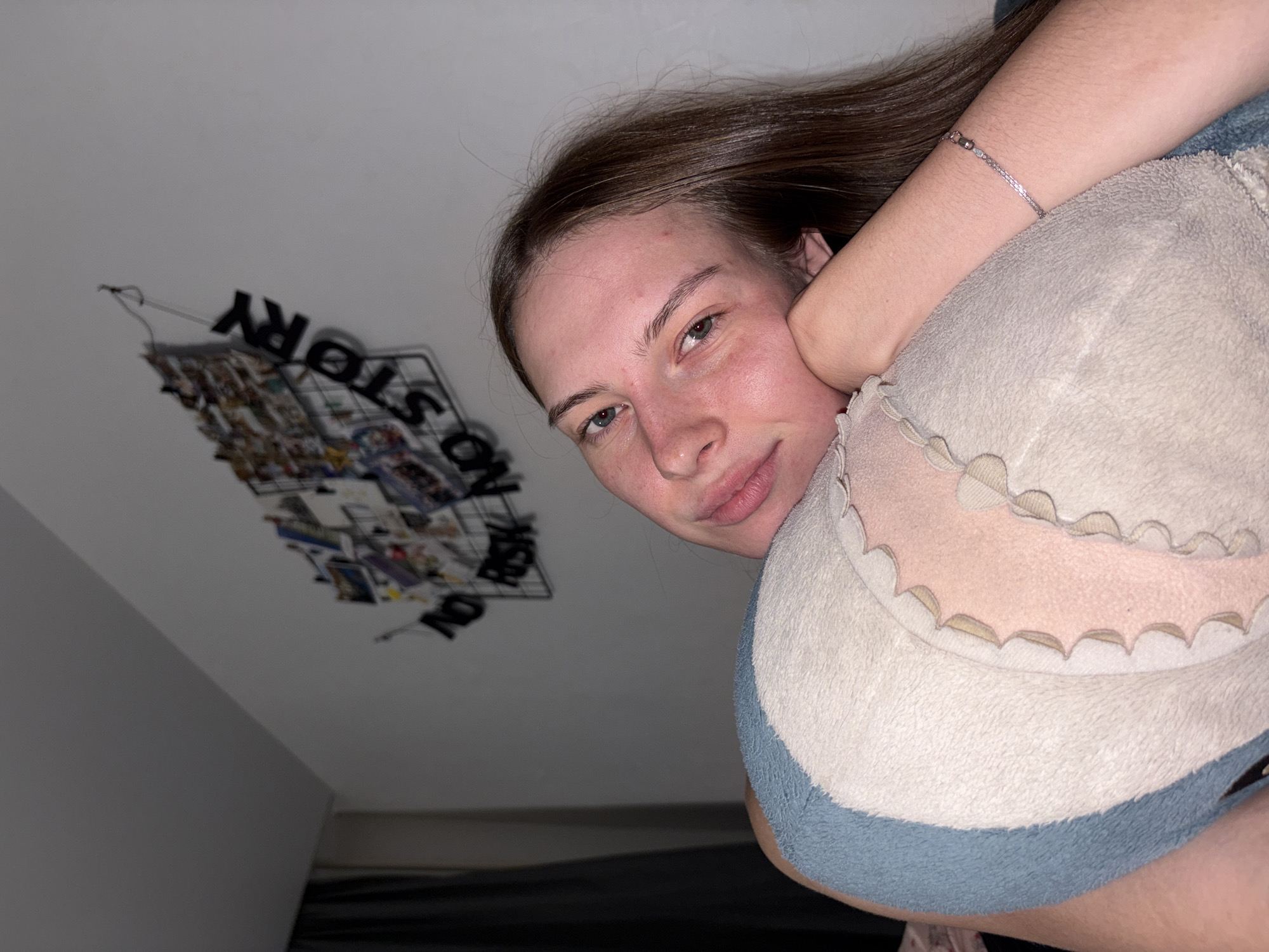 Bedroom selfie session with a plush shark in Perm