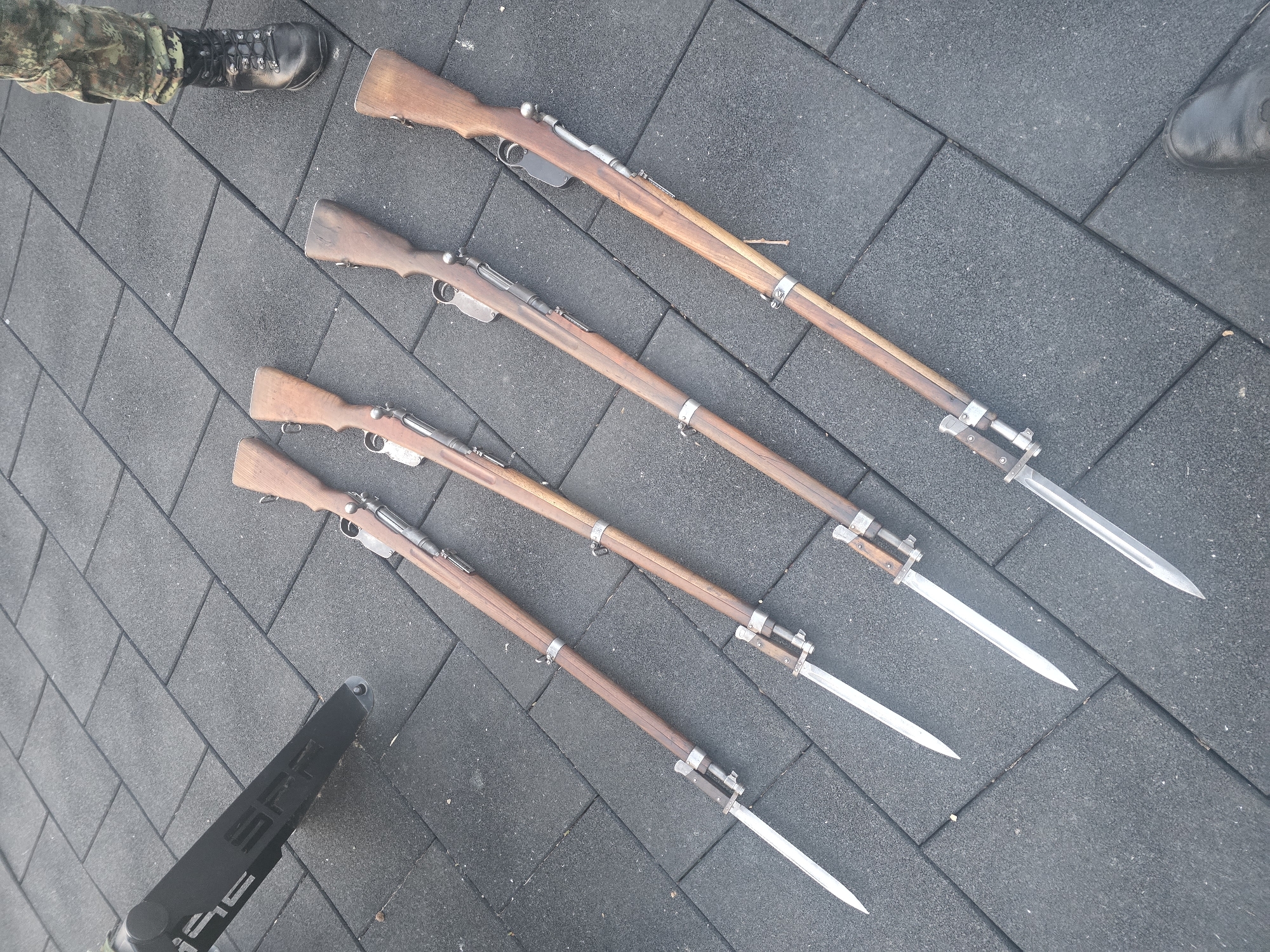 Vintage rifles with bayonets displayed in Veliko Tarnovo, Bulgaria