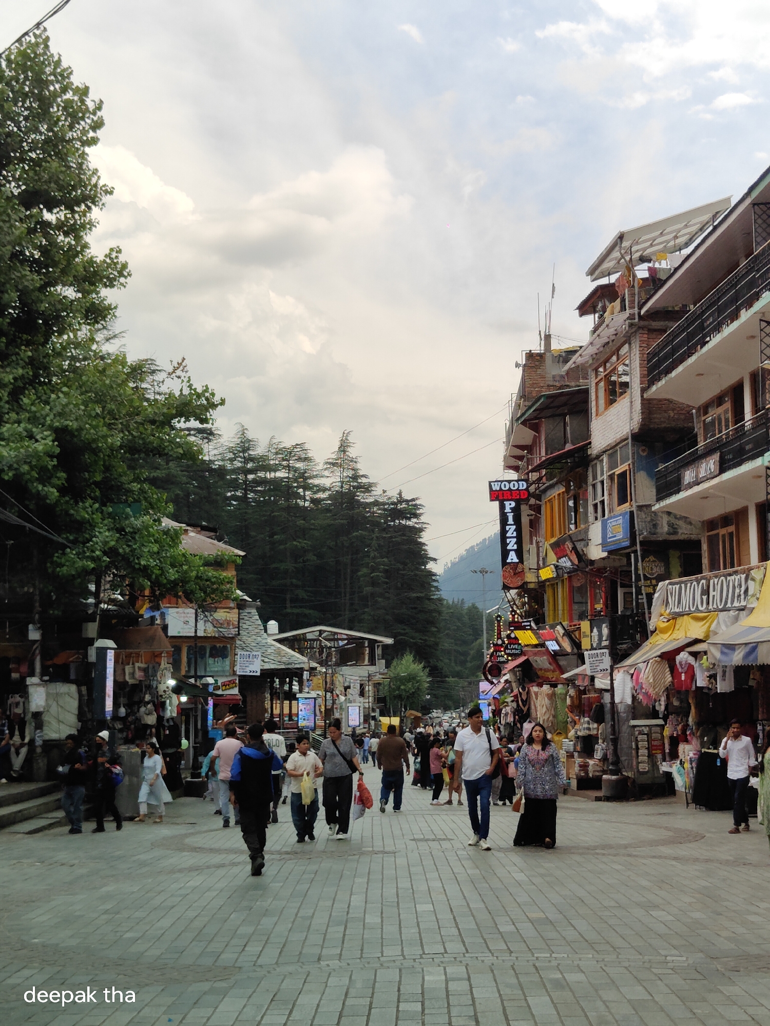 Street life and shop fronts along Manali's busy Mall Road