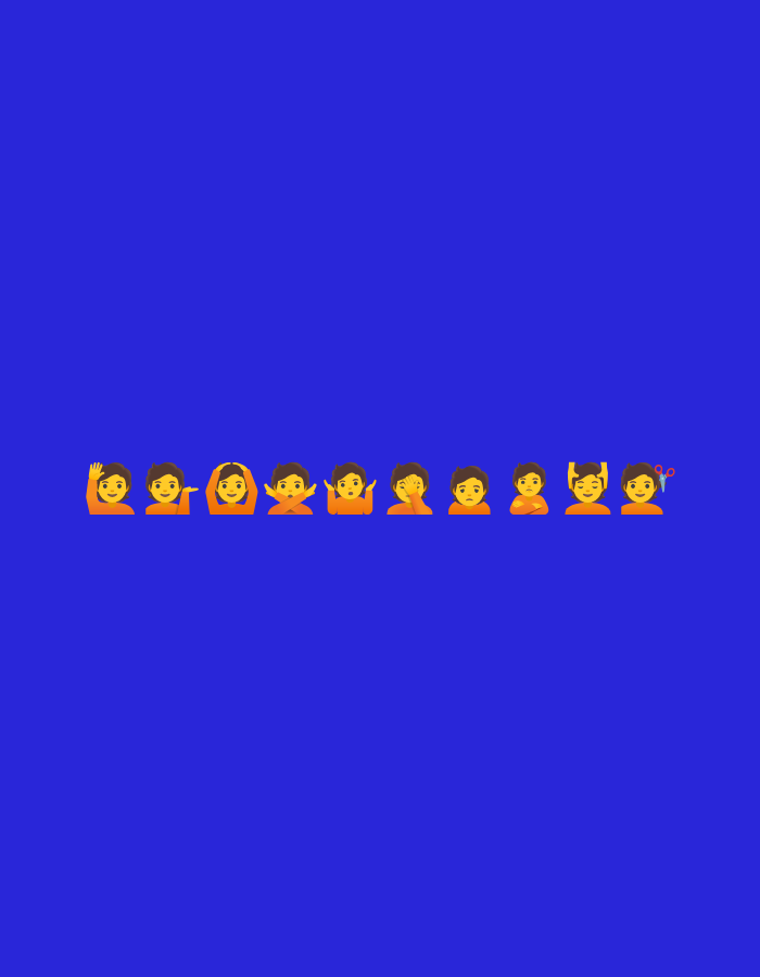 Scattered snapshots: emojis, toy cars, a dog, and everyday objects