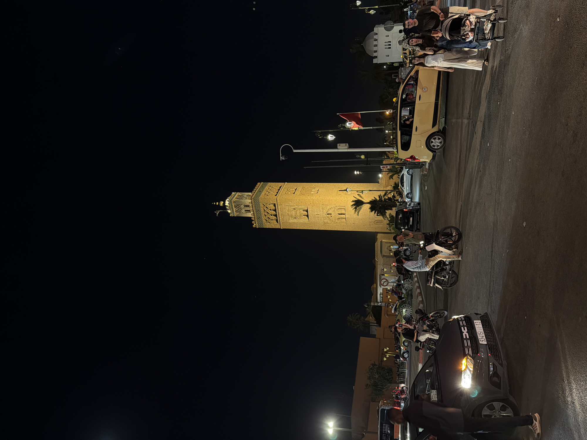 Night out near Jemaa el-Fnaa, Koutoubia Mosque lit up