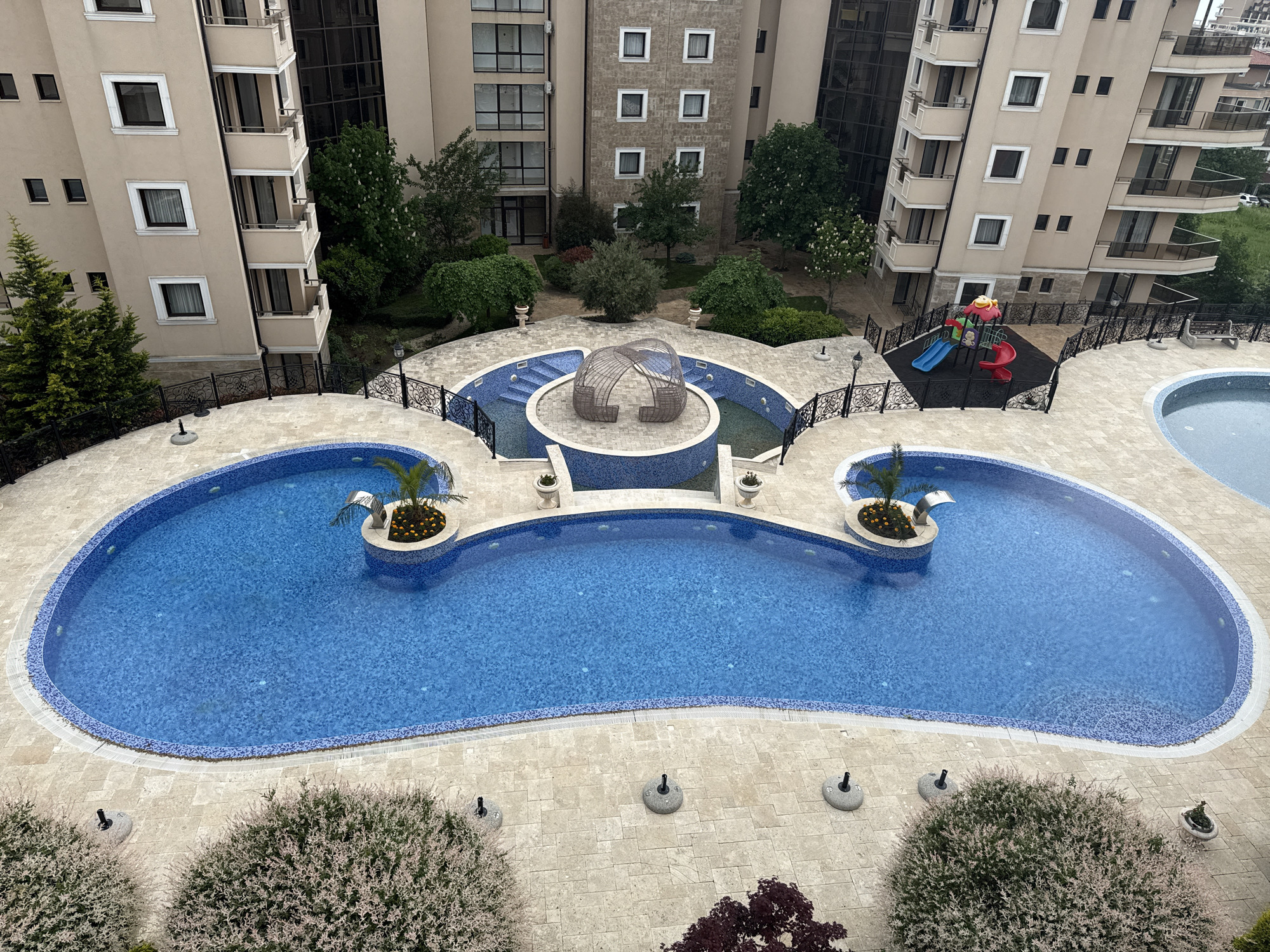 Resort pool complex photographed in Sveti Vlas, Bulgaria