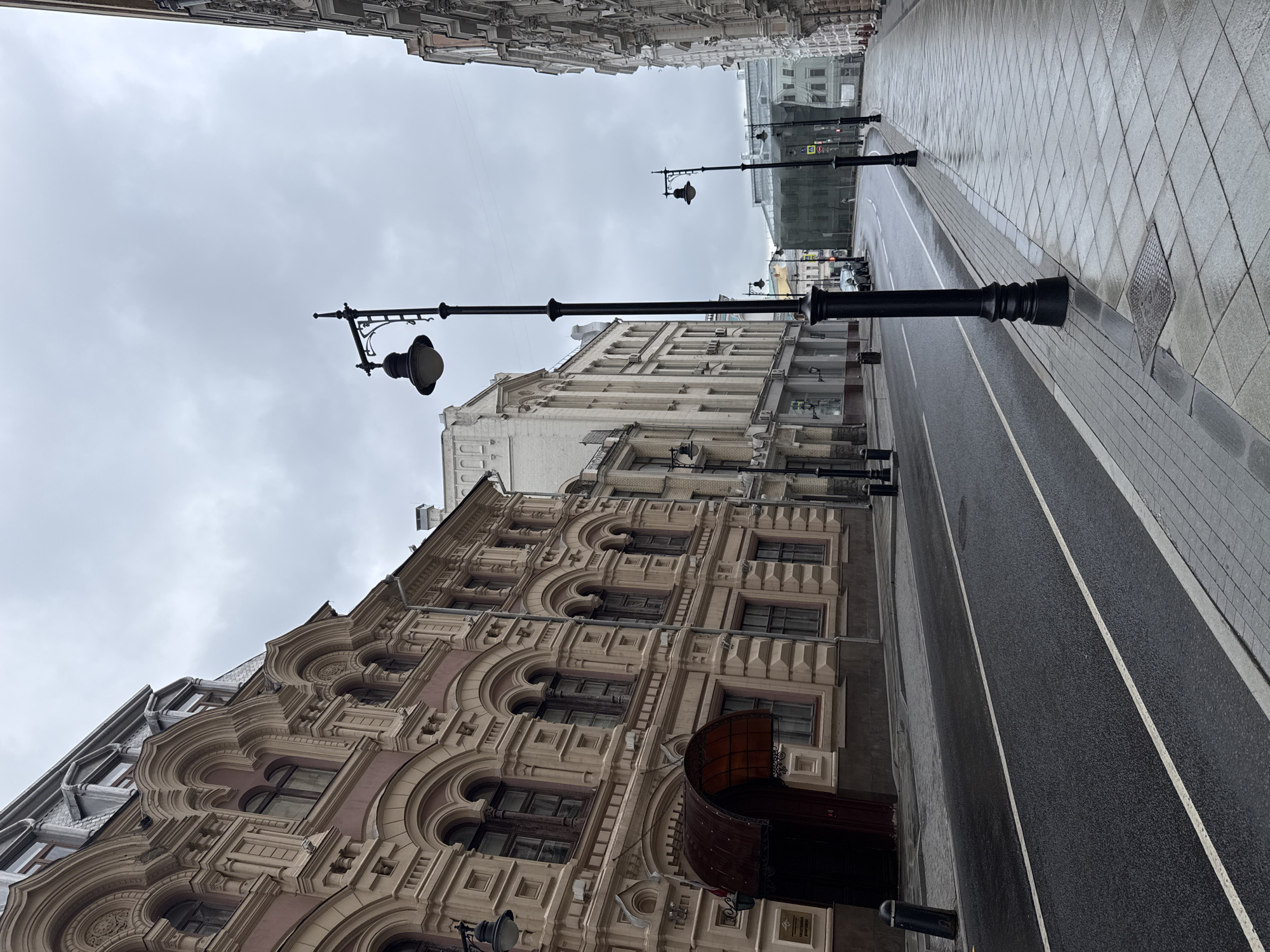 Rainy morning on a classically-lined Moscow street