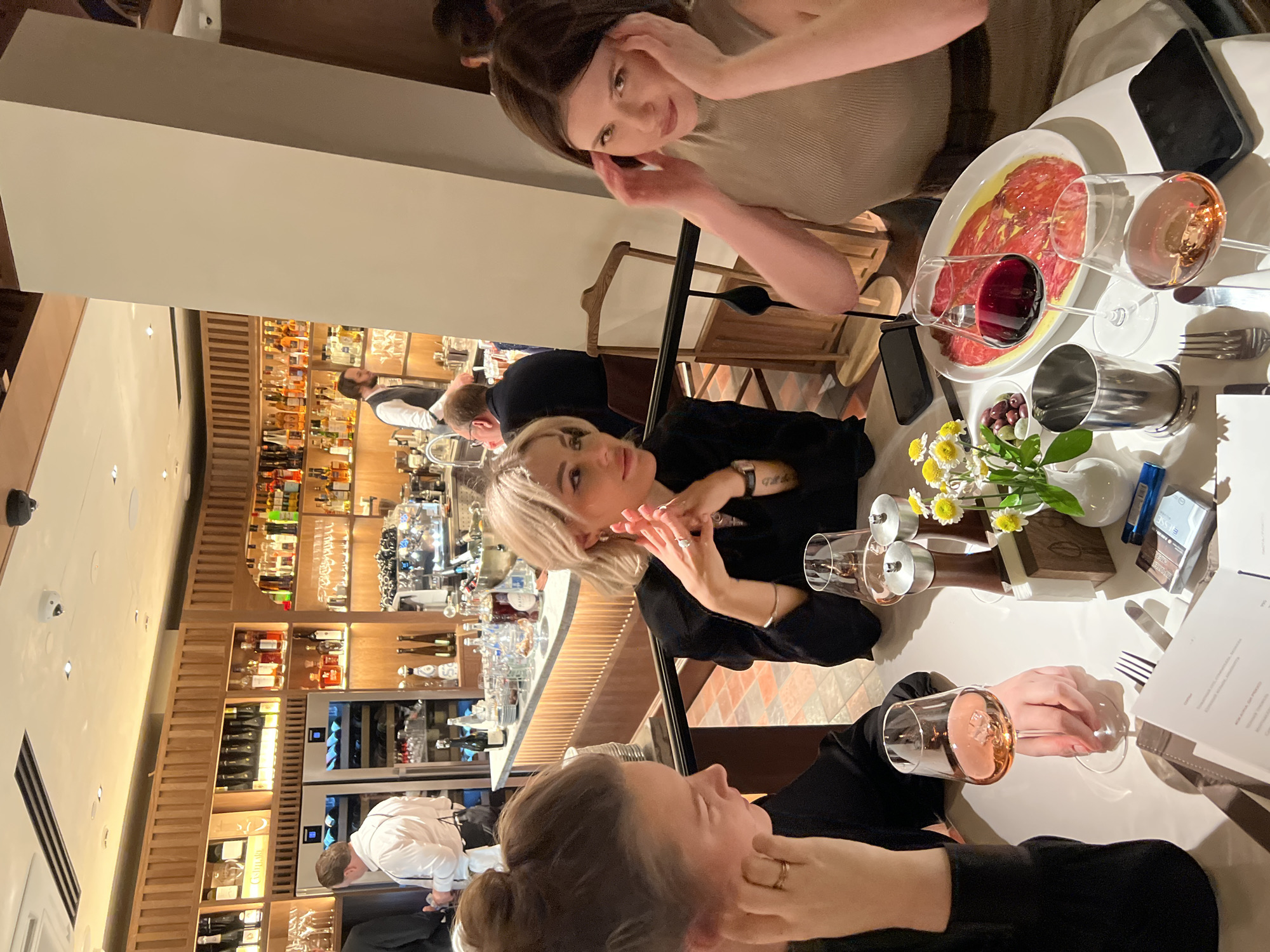 Women dine at upscale restaurant during evening hours