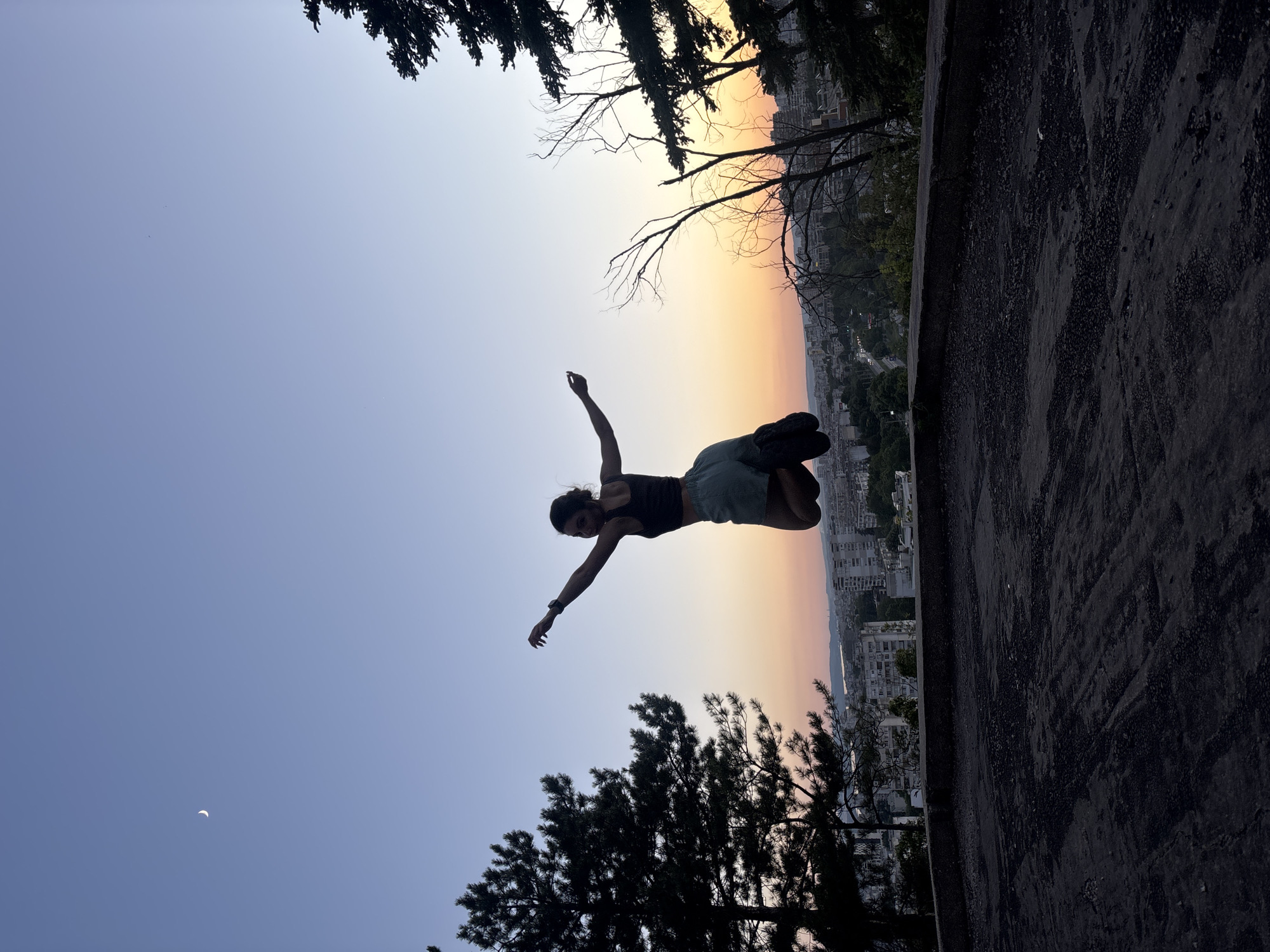 Rooftop fitness and golden-hour photos over Varna at sunset