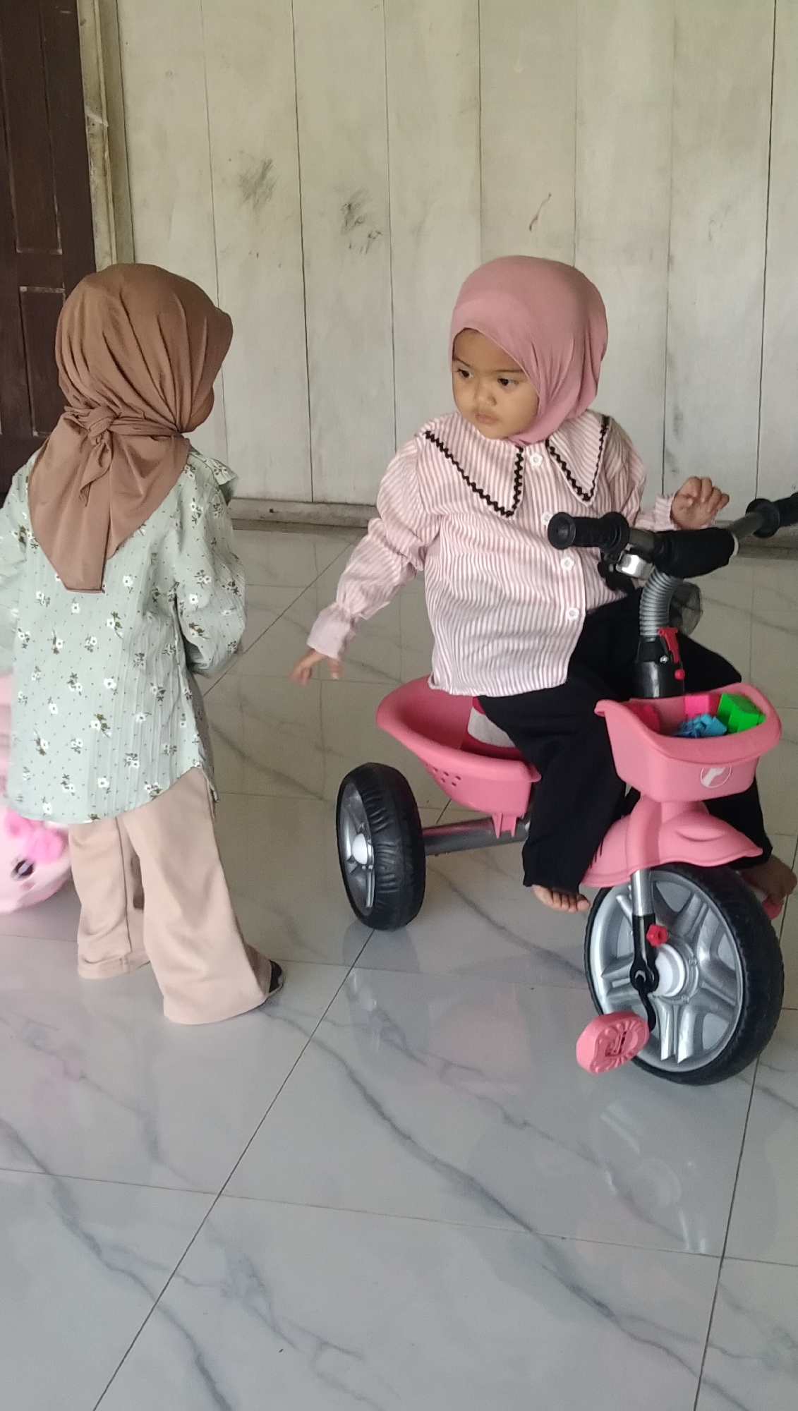 Two kids and a pink tricycle inside a Reudeuep home