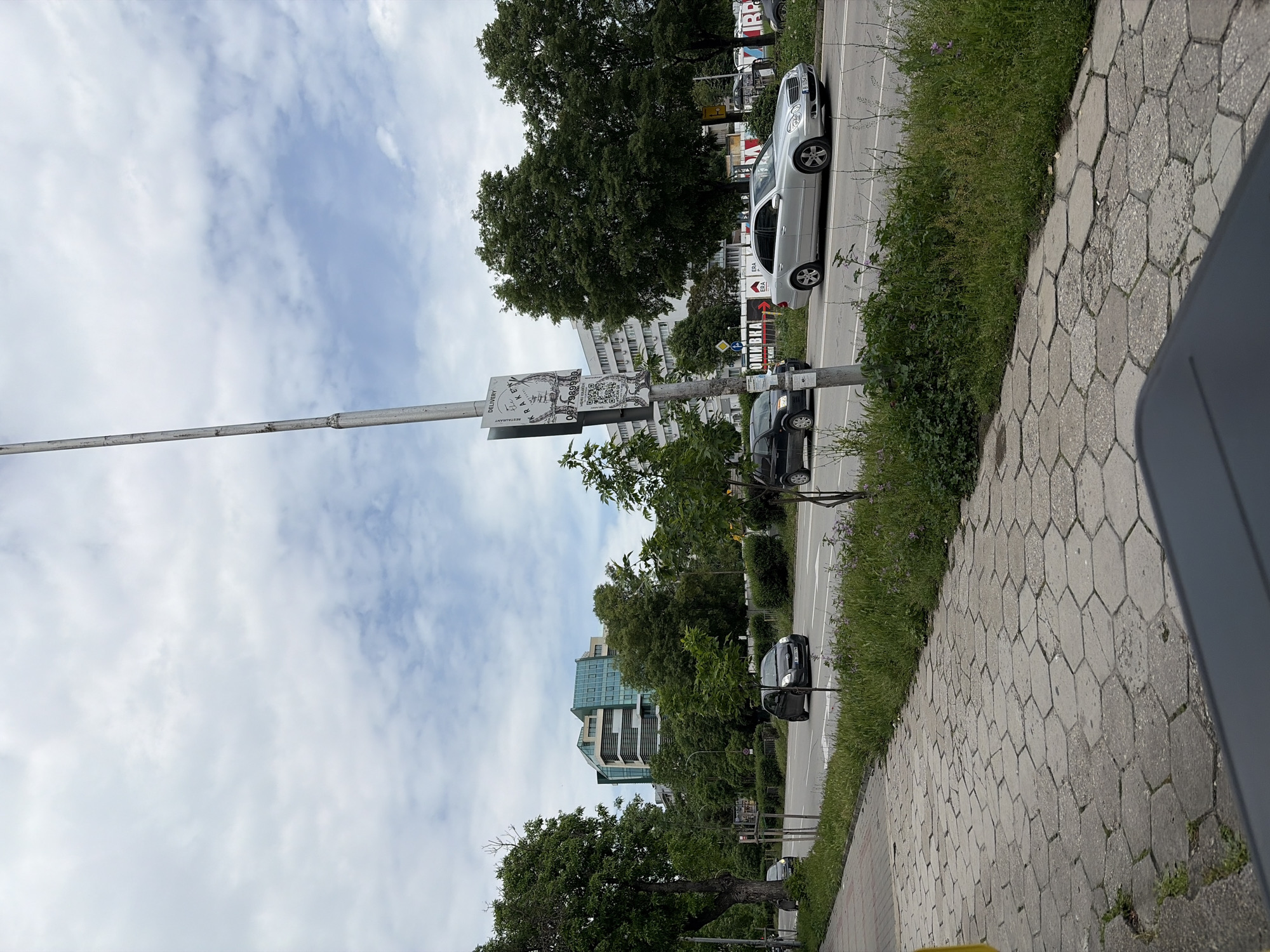 Street scene captured in Varna showing parked cars, vegetation
