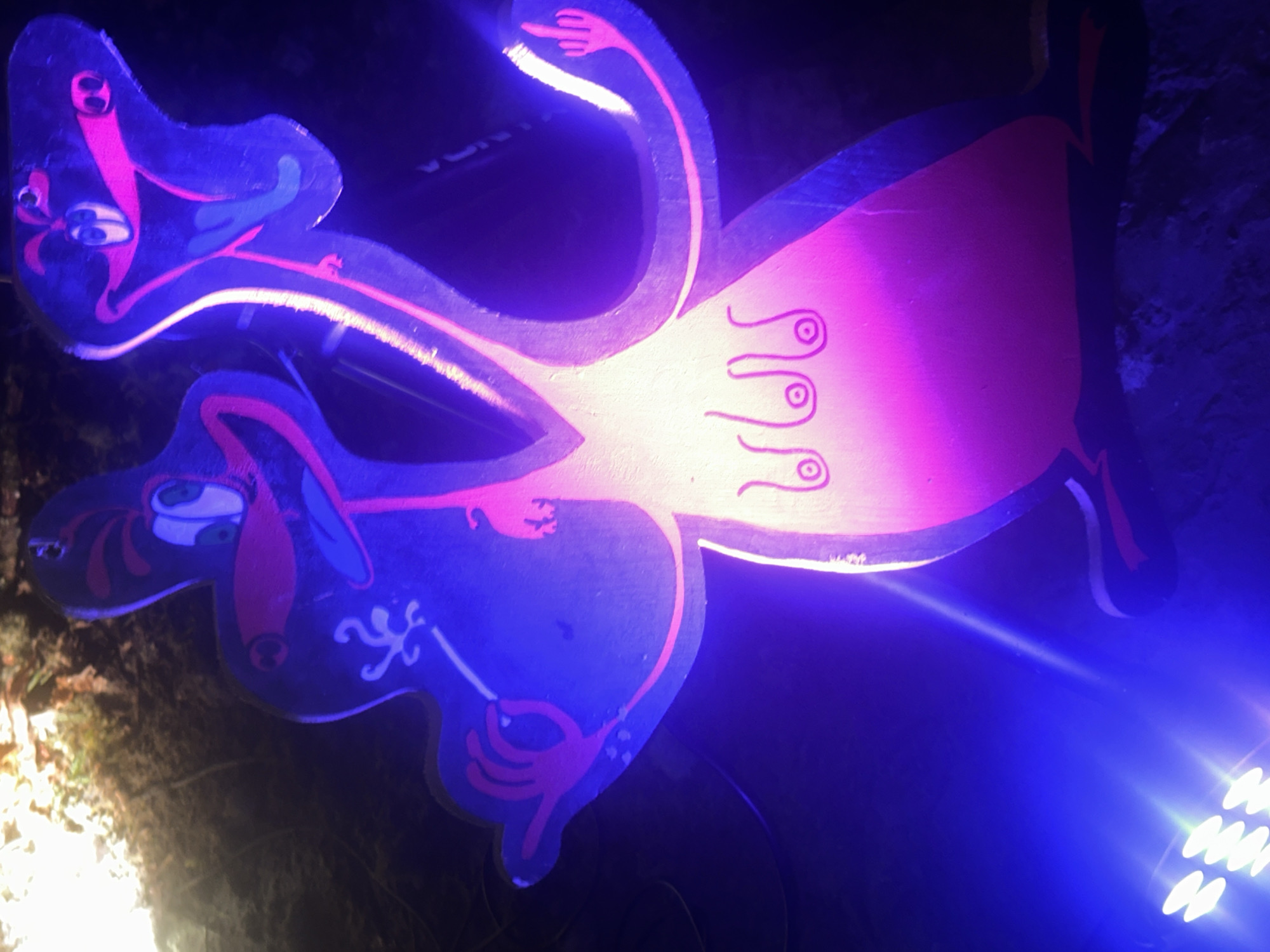 Illuminated decorative flamingo cutout spotted in French village