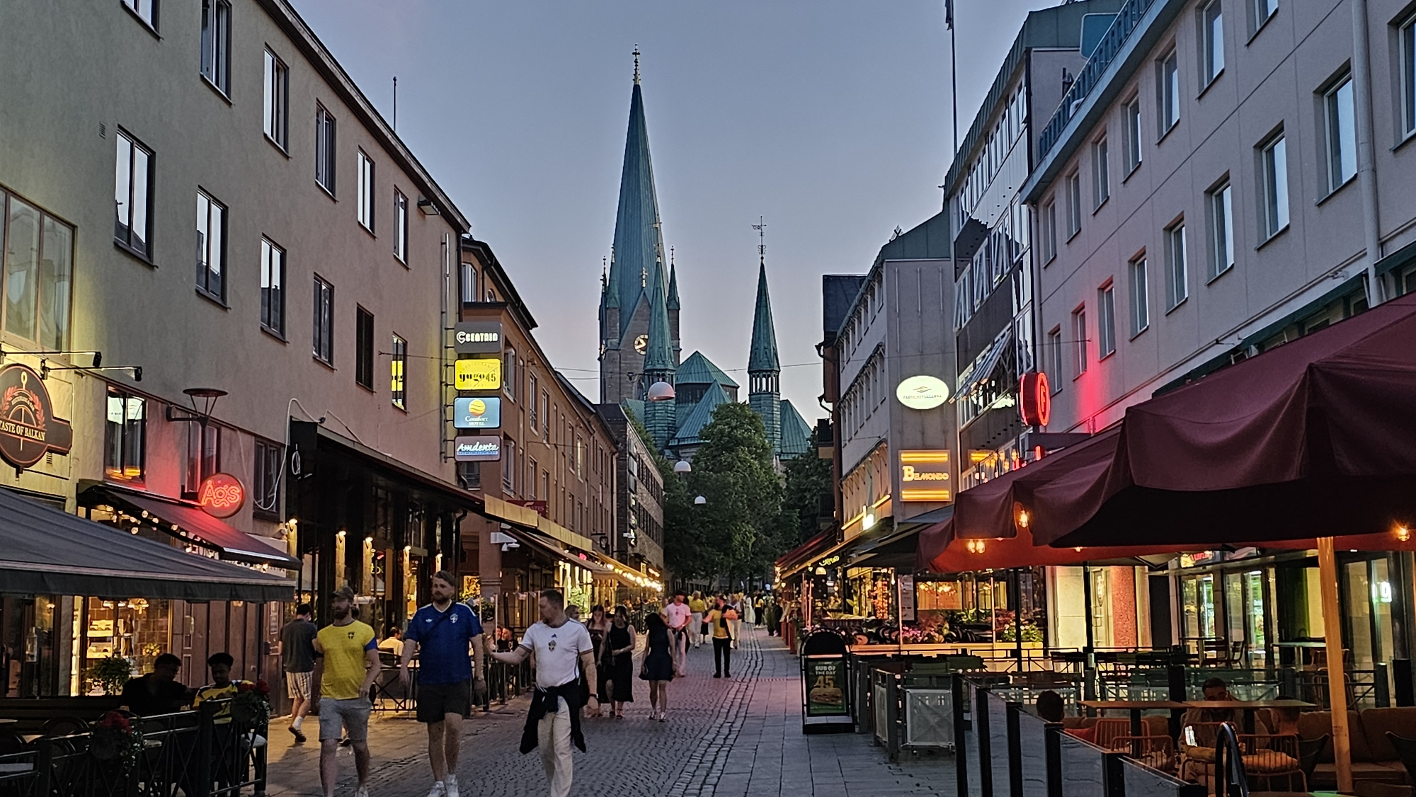 Linköping city center streets at summer twilight