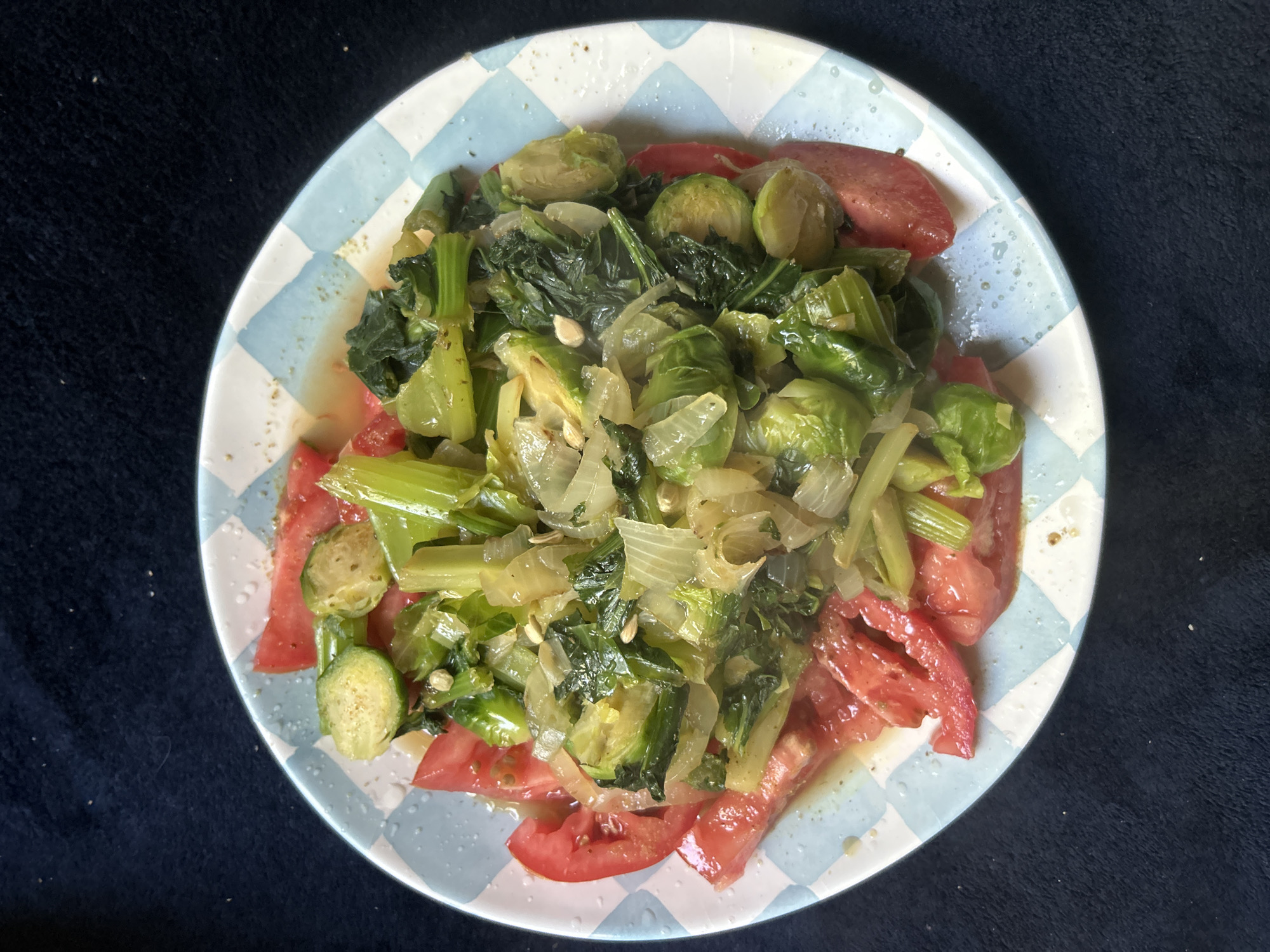 Meal photographed on checkered plate in Los Angeles Monday evening