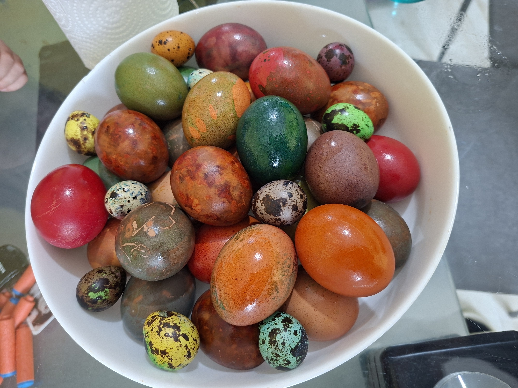Colorful Easter eggs displayed in bowl in Sofia