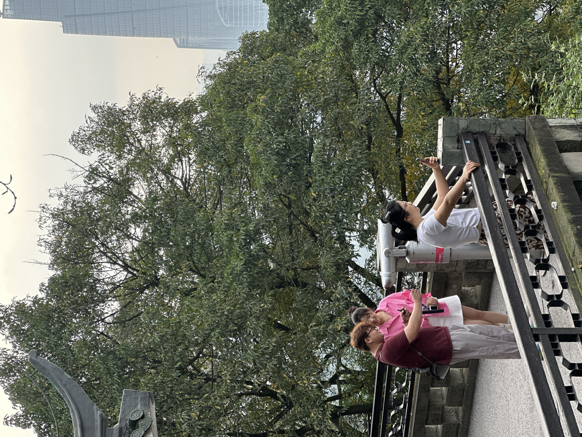 Morning sightseers photograph Chongqing cityscape from pedestrian bridges