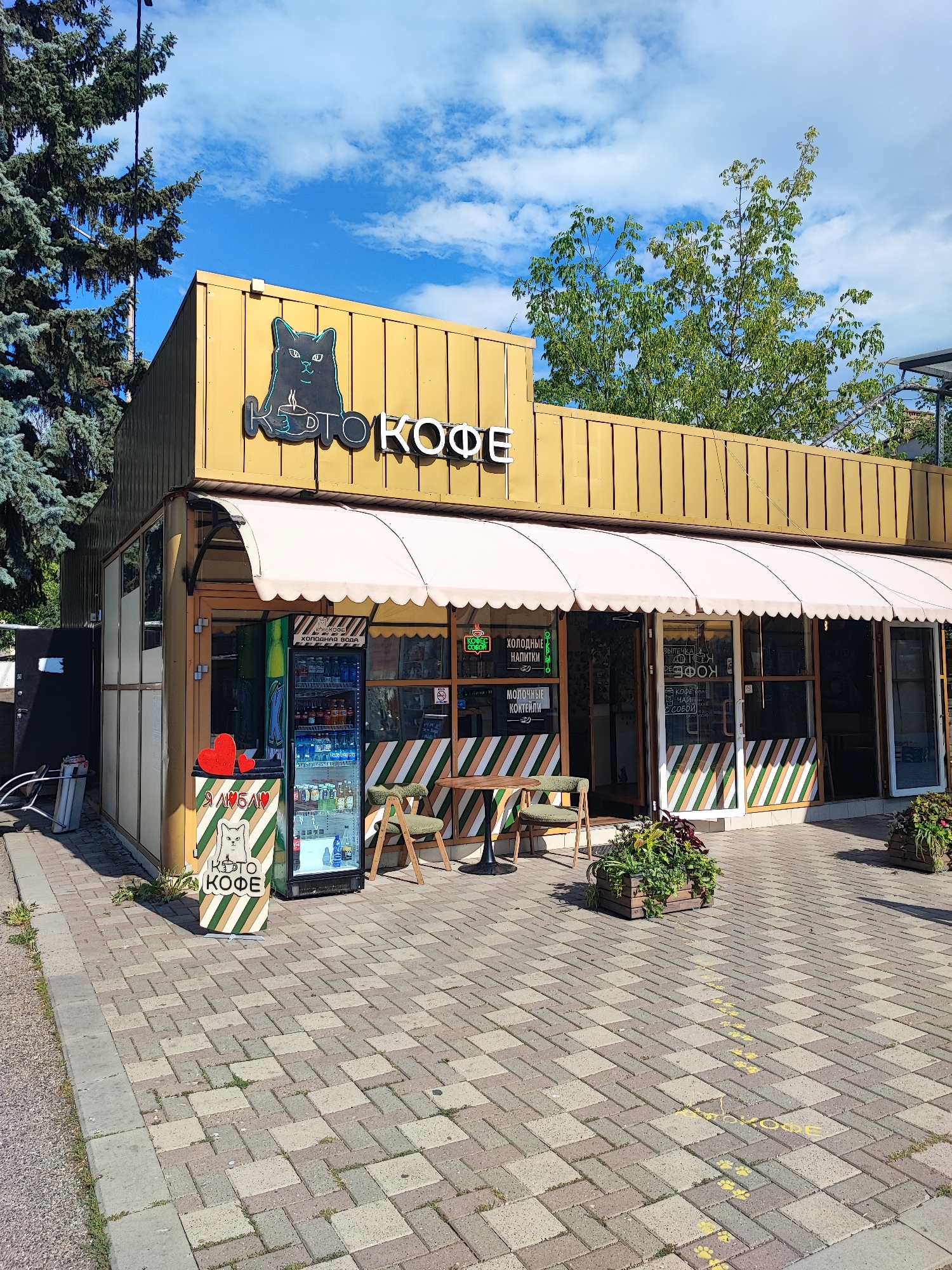 Inside and outside a cat-themed coffee shop in Pyatigorsk