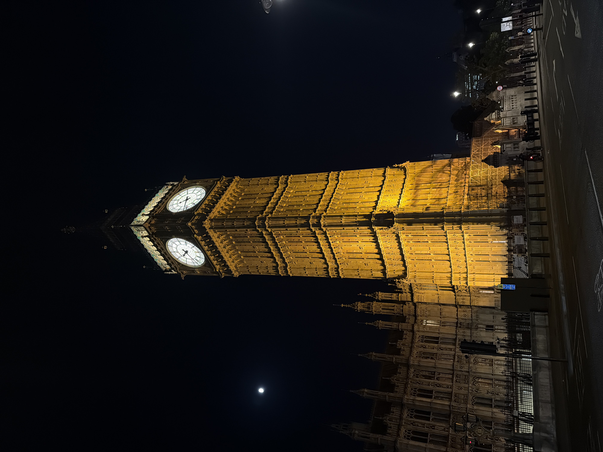 Nighttime Big Ben observations capture illuminated Westminster landmark