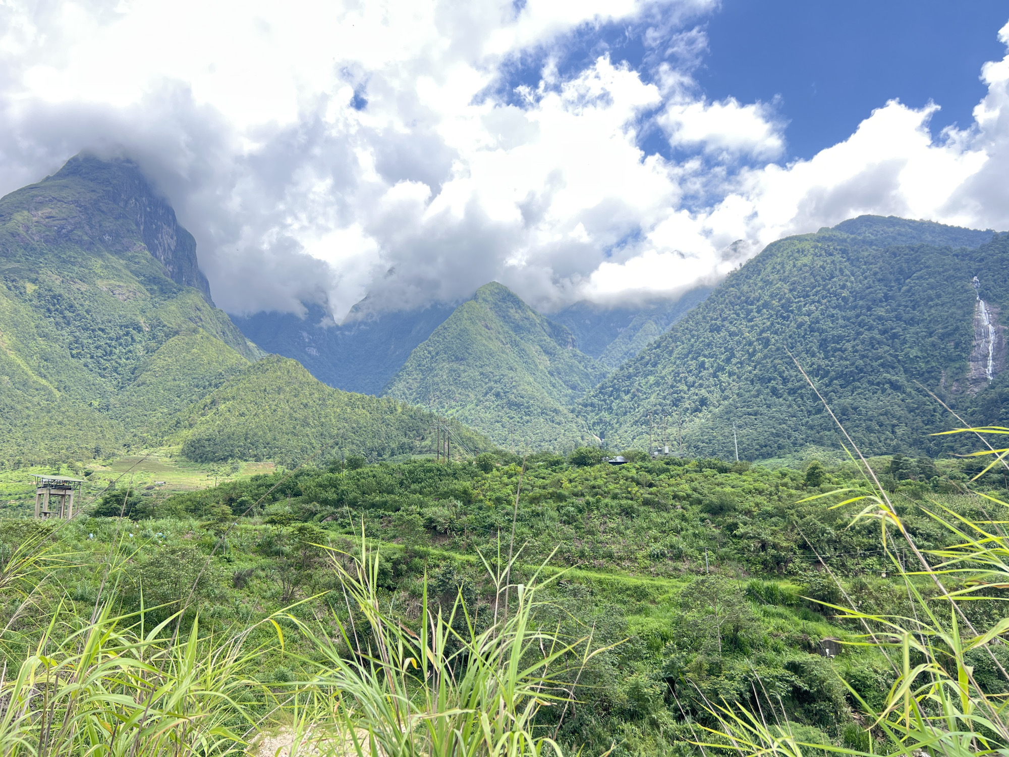 Misty mountain gorge and waterfall in Bình Lư, Vietnam