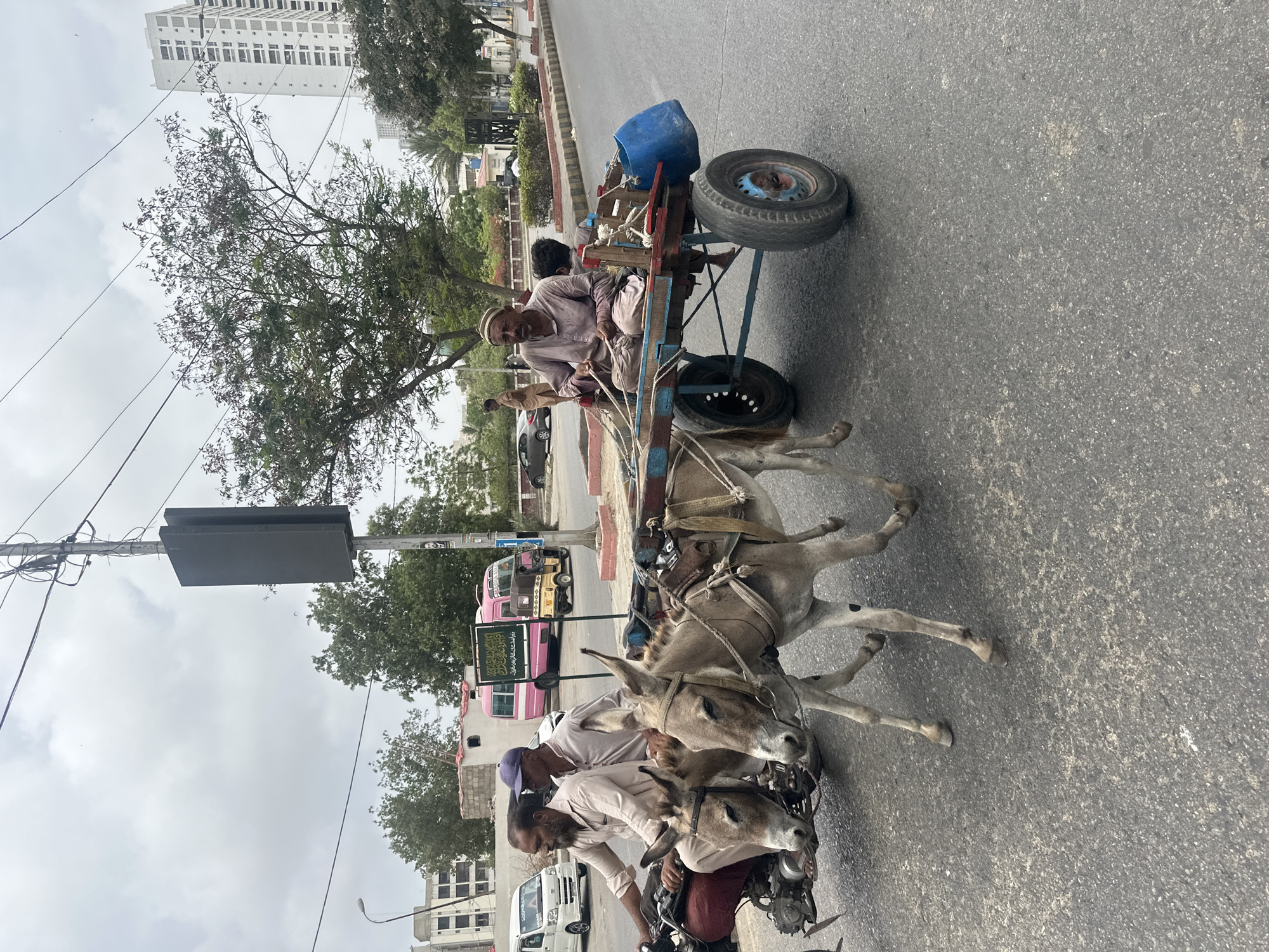 Motorcycle tows a donkey cart through Karachi streets