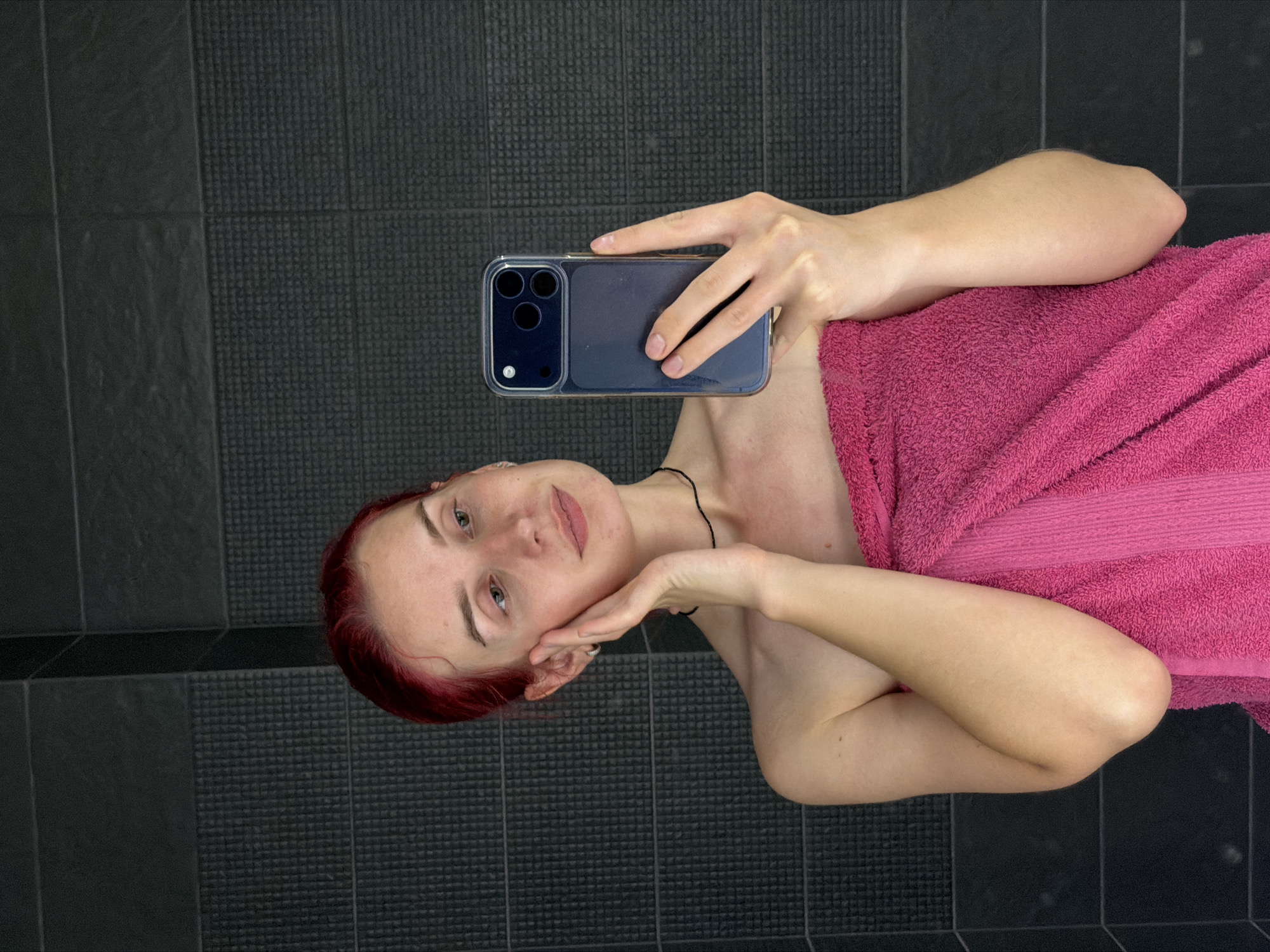 Red-haired woman photographed in various Chaikovsky settings during evening hours