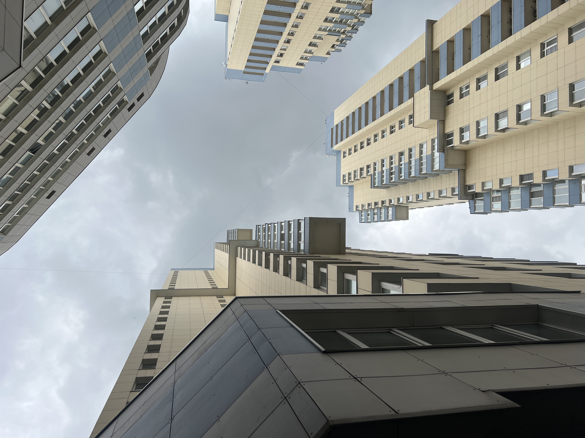 Modern Moscow apartment complex documented under overcast skies
