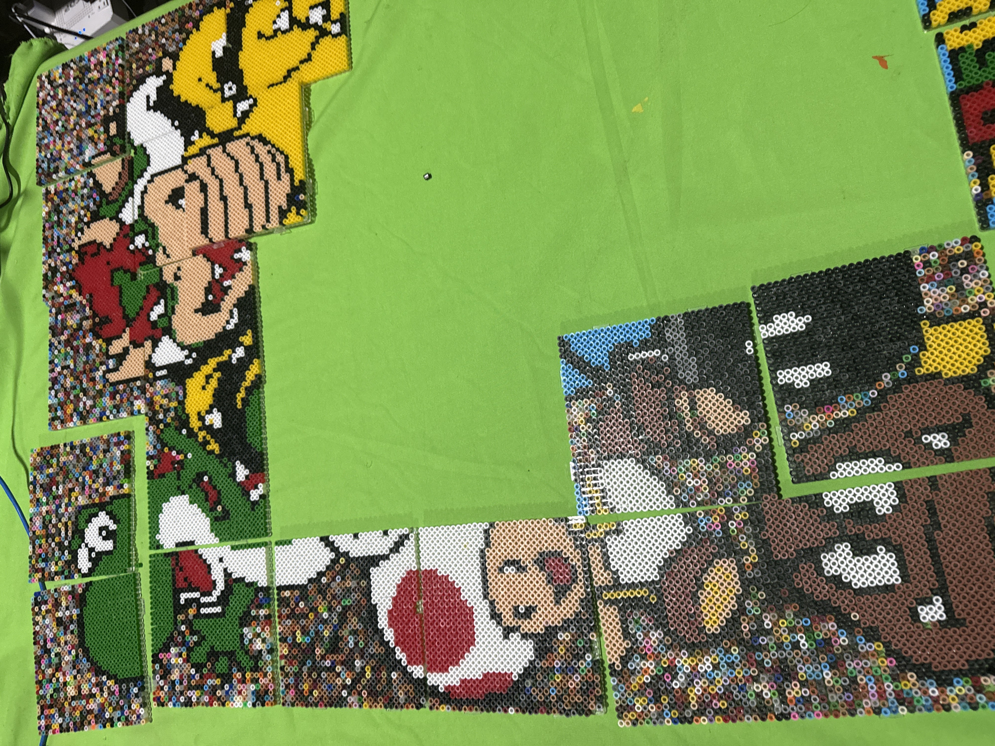 Late-night Super Mario perler bead crafting session in Puebla