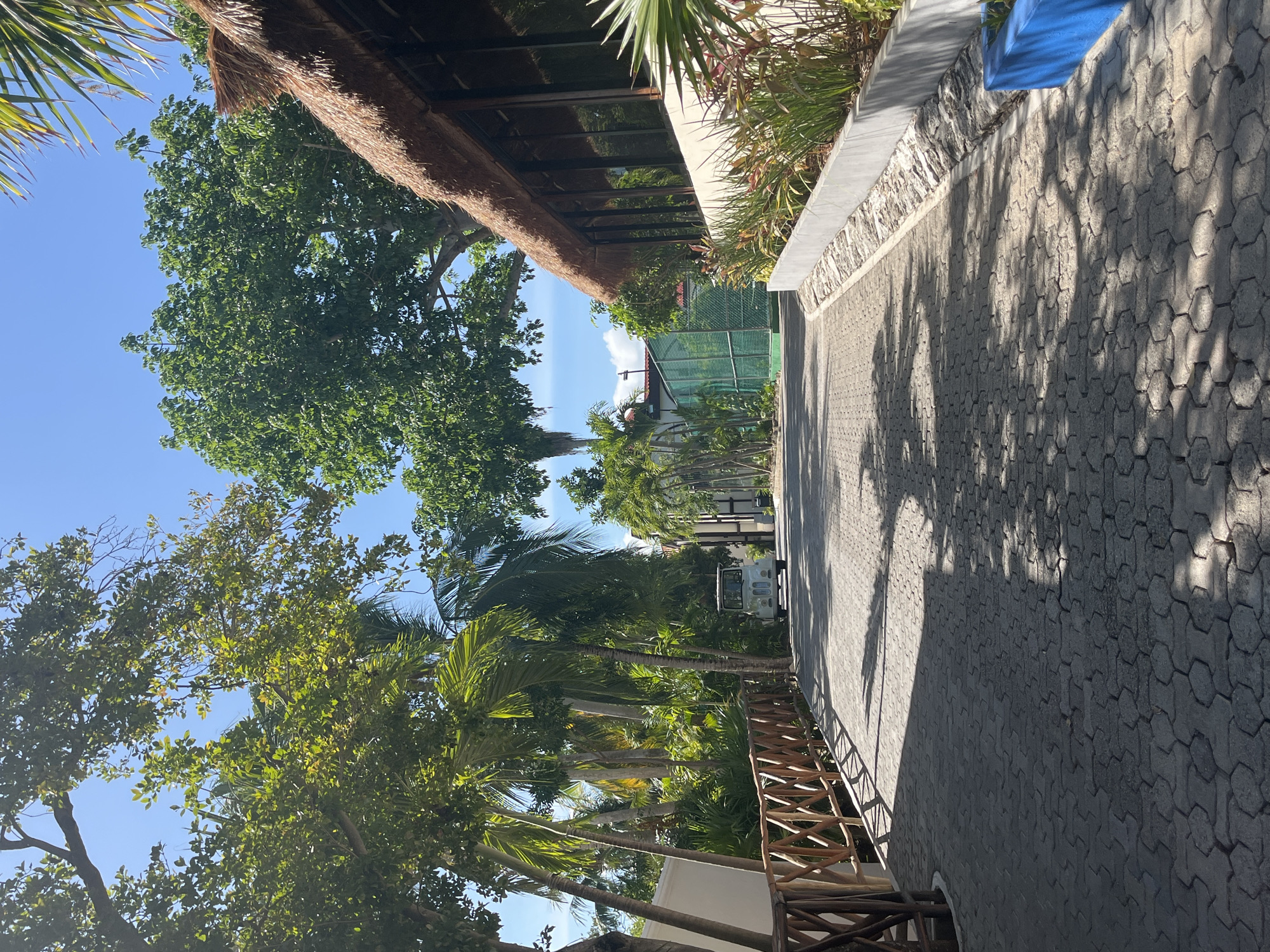 Golf cart travels tropical brick pathway in Playa del Carmen