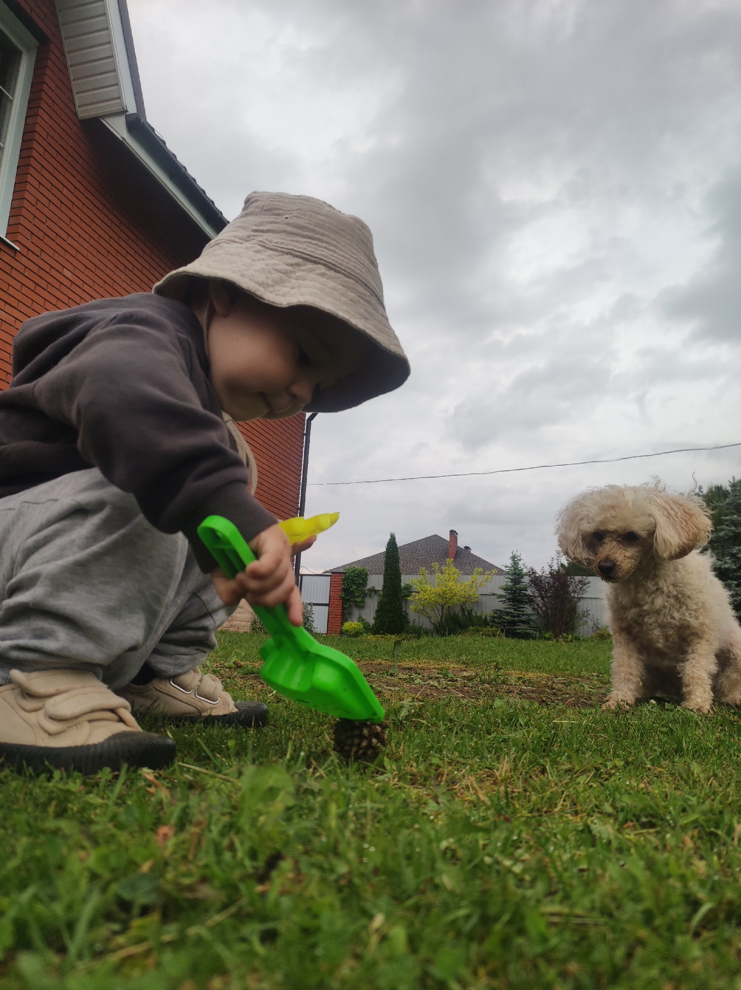 Child plays in yard as woman poses among ferns in Фоки