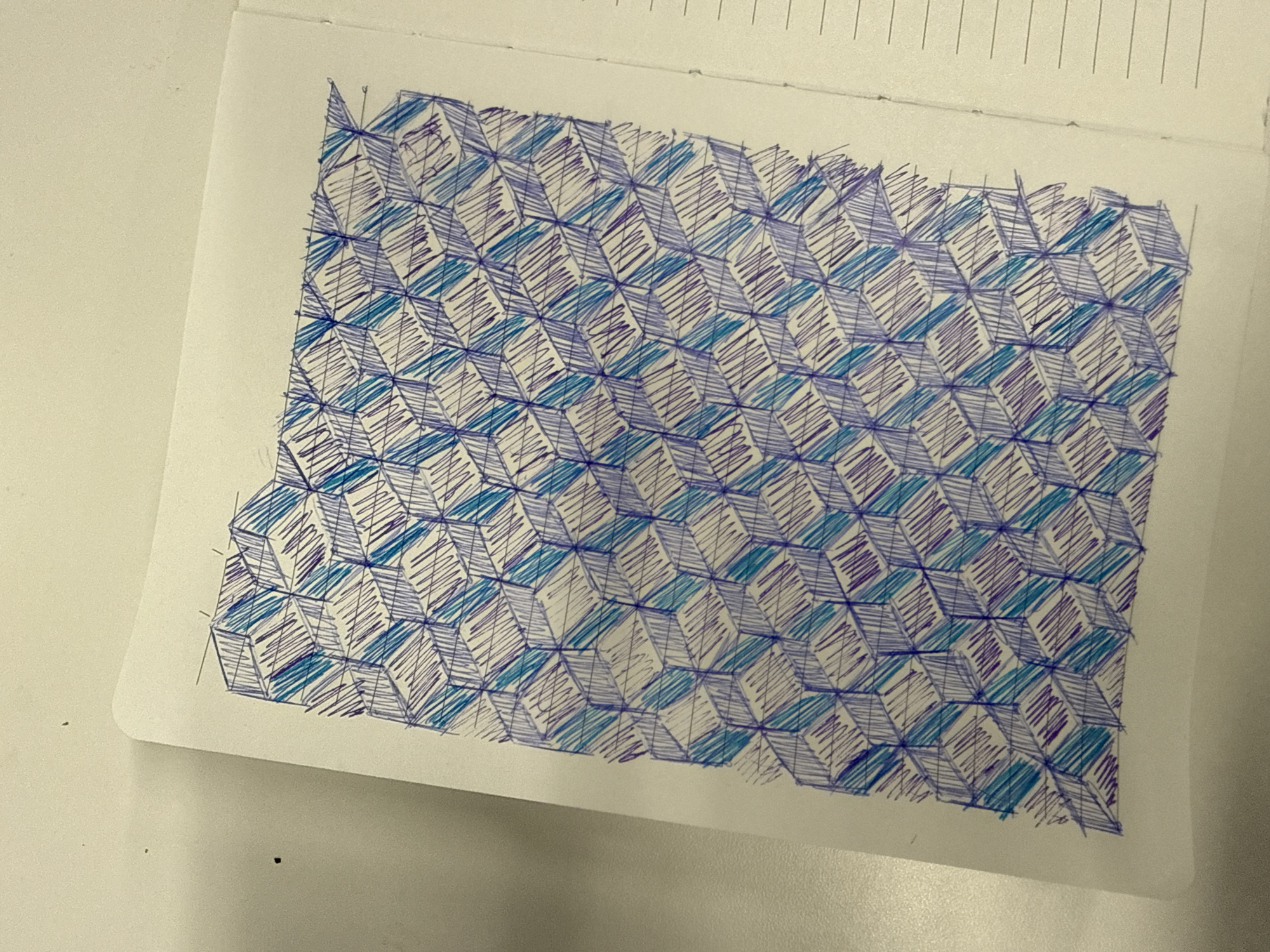 Geometric cube pattern drawn in blue ink documented Mexico City