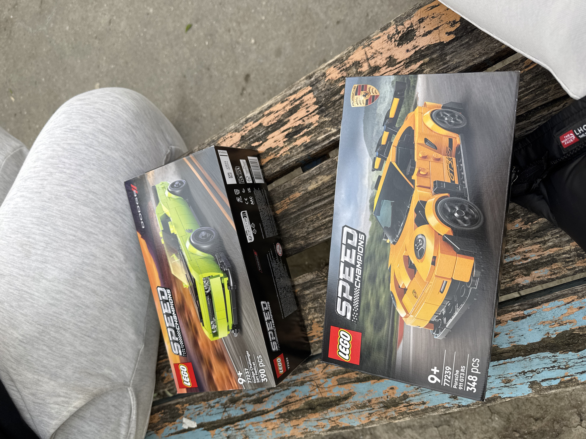 Lego car sets spotted on wooden bench in Bulgaria