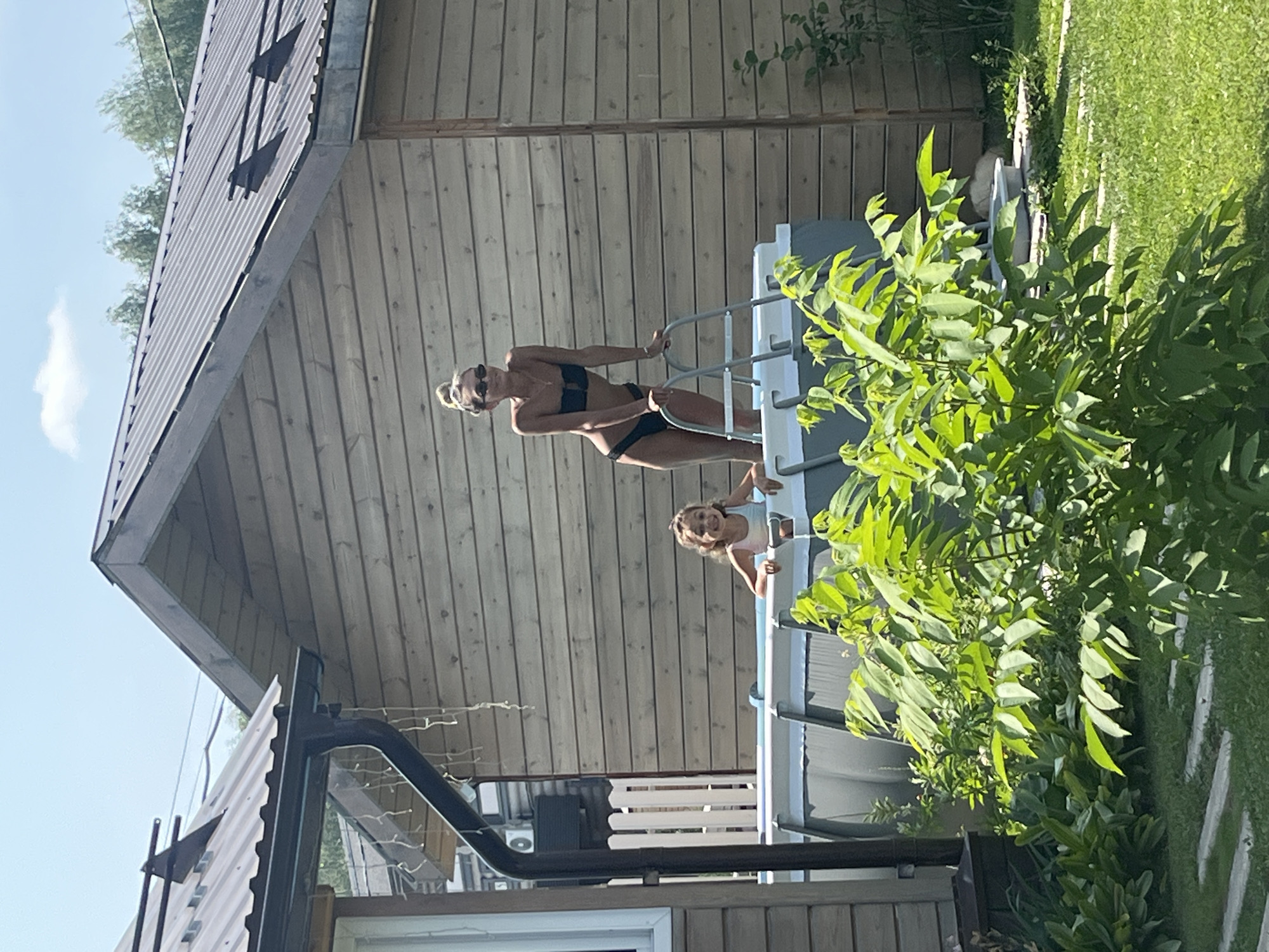 Backyard summer day in Novokamenka: pool, dog, green lawn