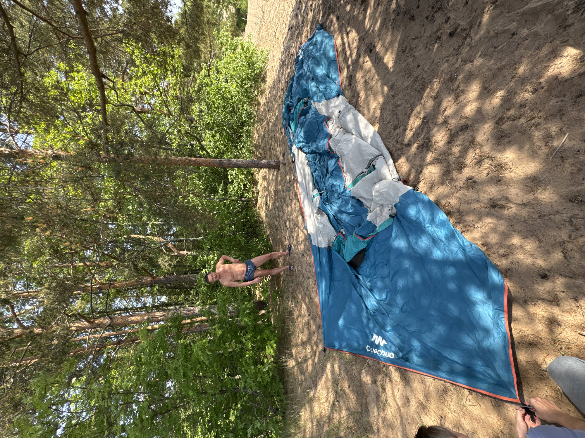 Couple sets up beach camping site in Russian pine forest