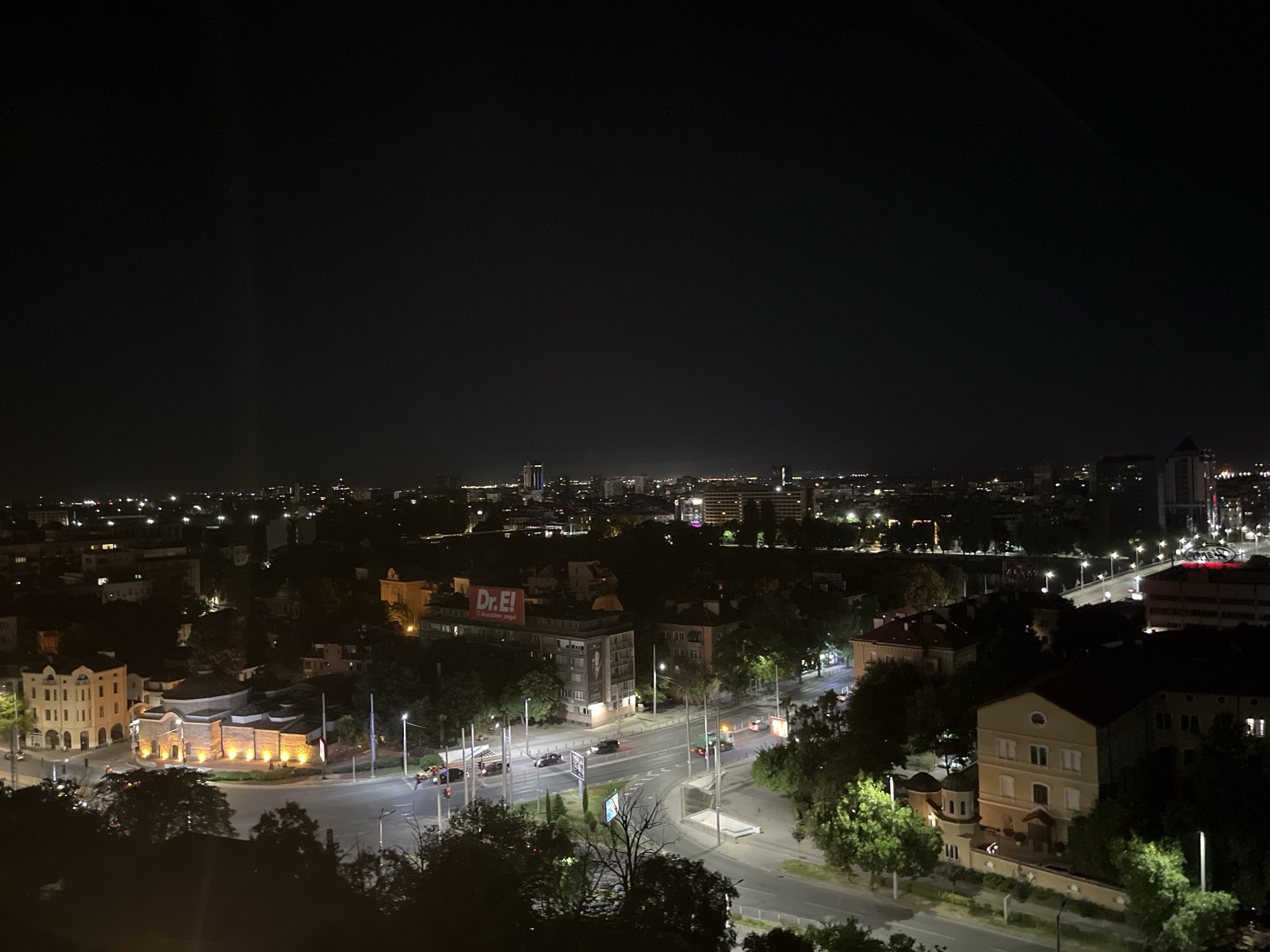 Plovdiv at night, old ruins and city lights from above