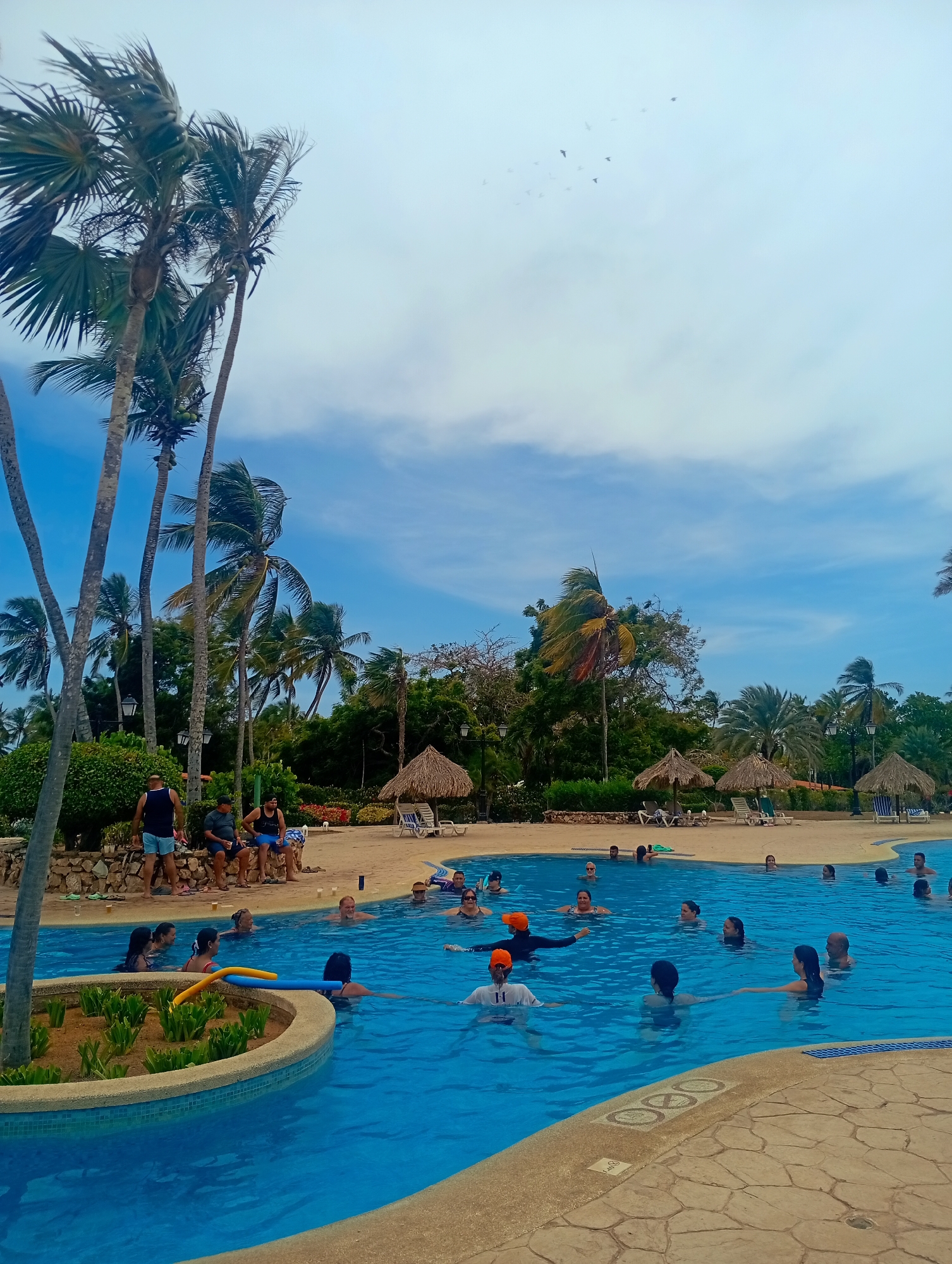 Resort guests enjoy water aerobics and entertainment at Venezuelan beach