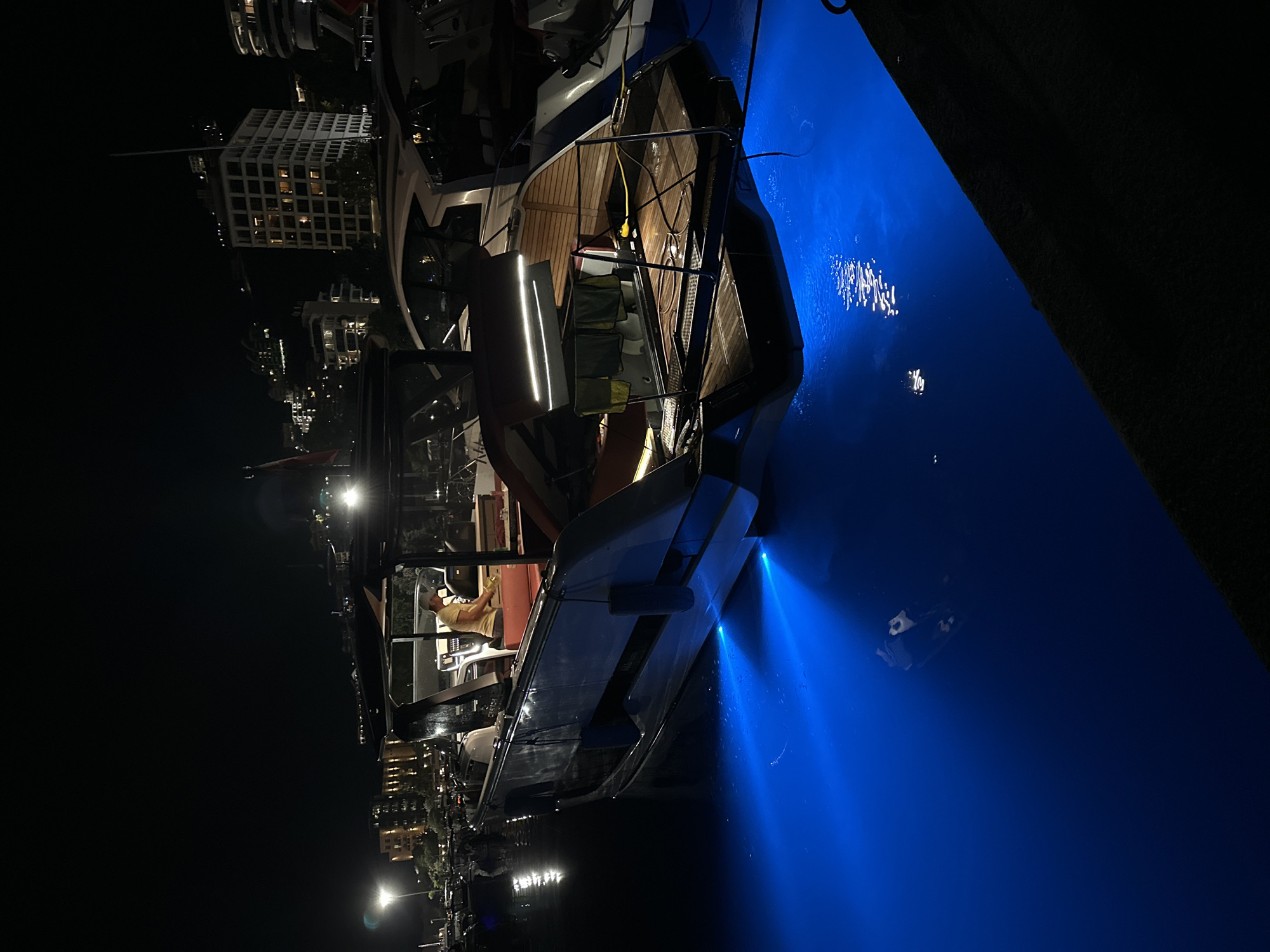Budva marina at night: boats, harbor lights, and a Ferris wheel