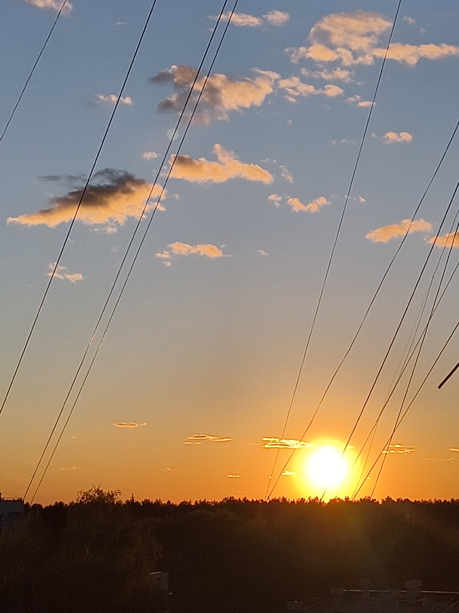 Sunset observed over cityscape with golden clouds, utility lines