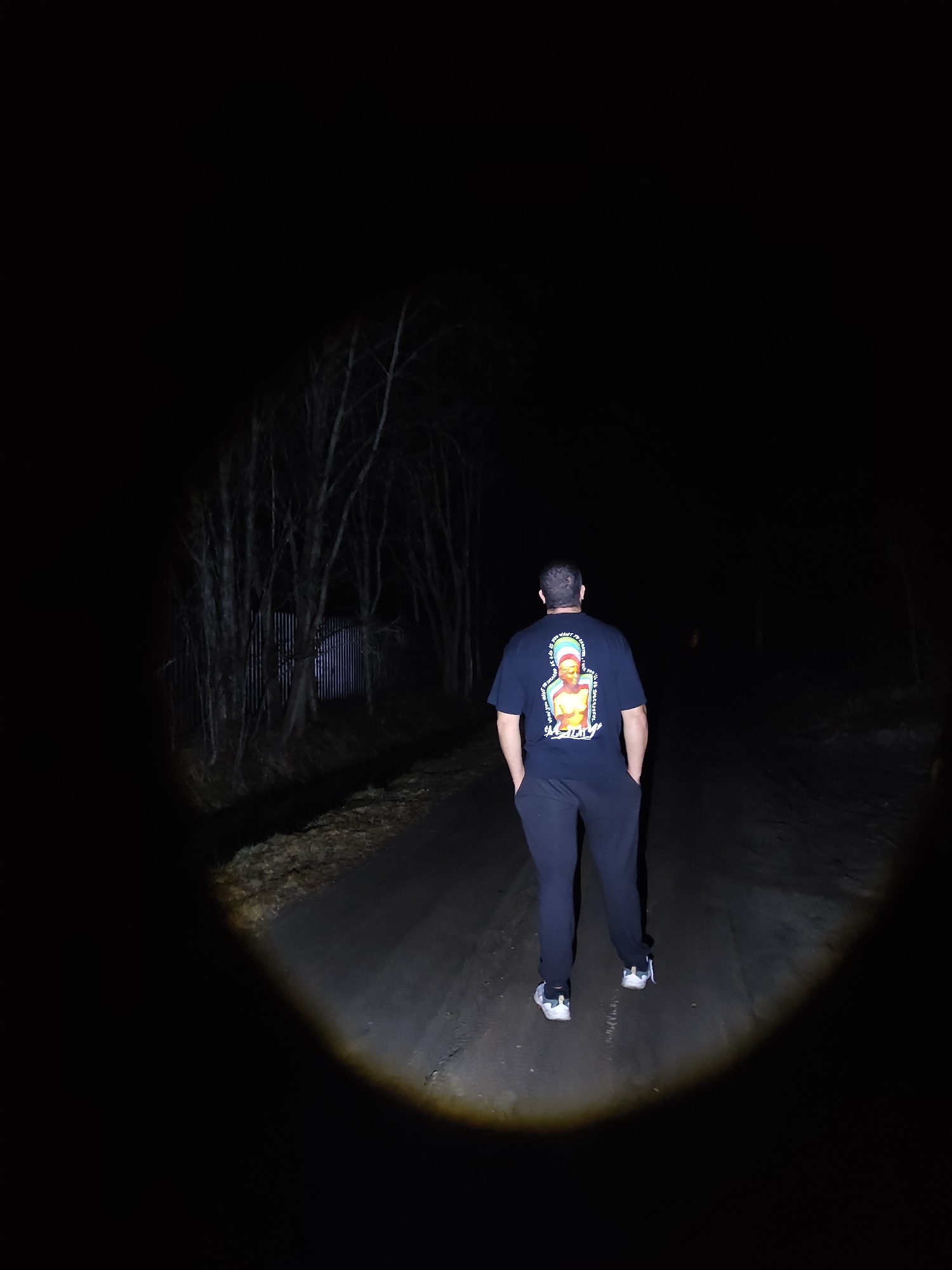 Person observed standing on road in wooded area at night