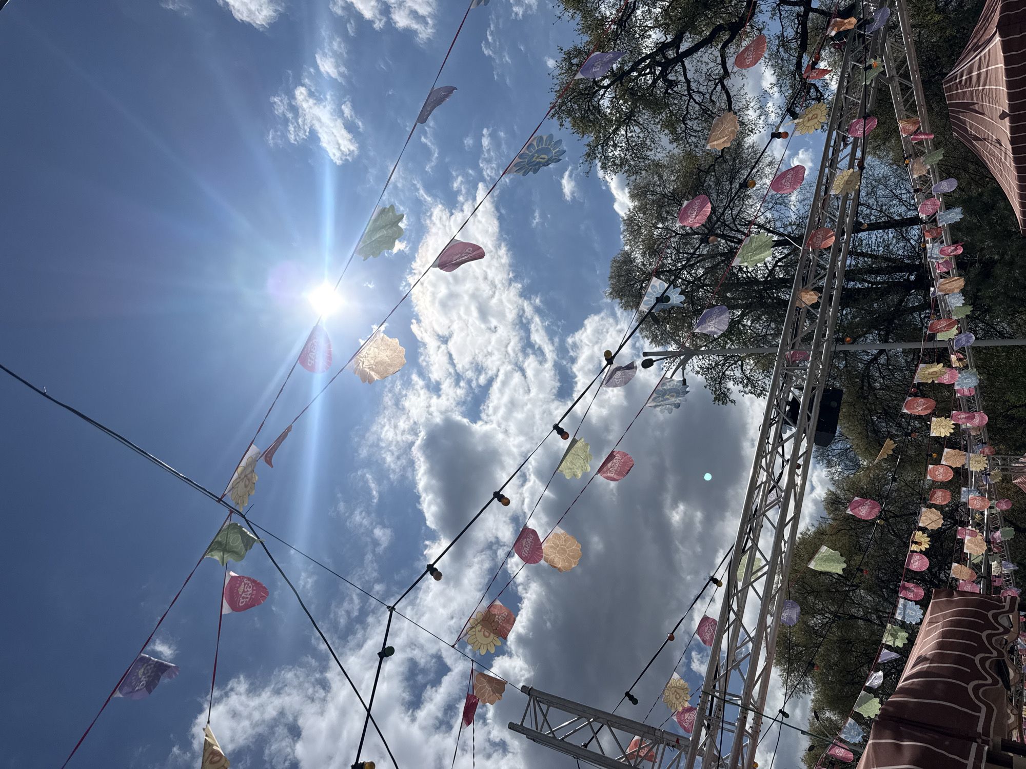Outdoor event setup with decorative flags observed in Plovdiv