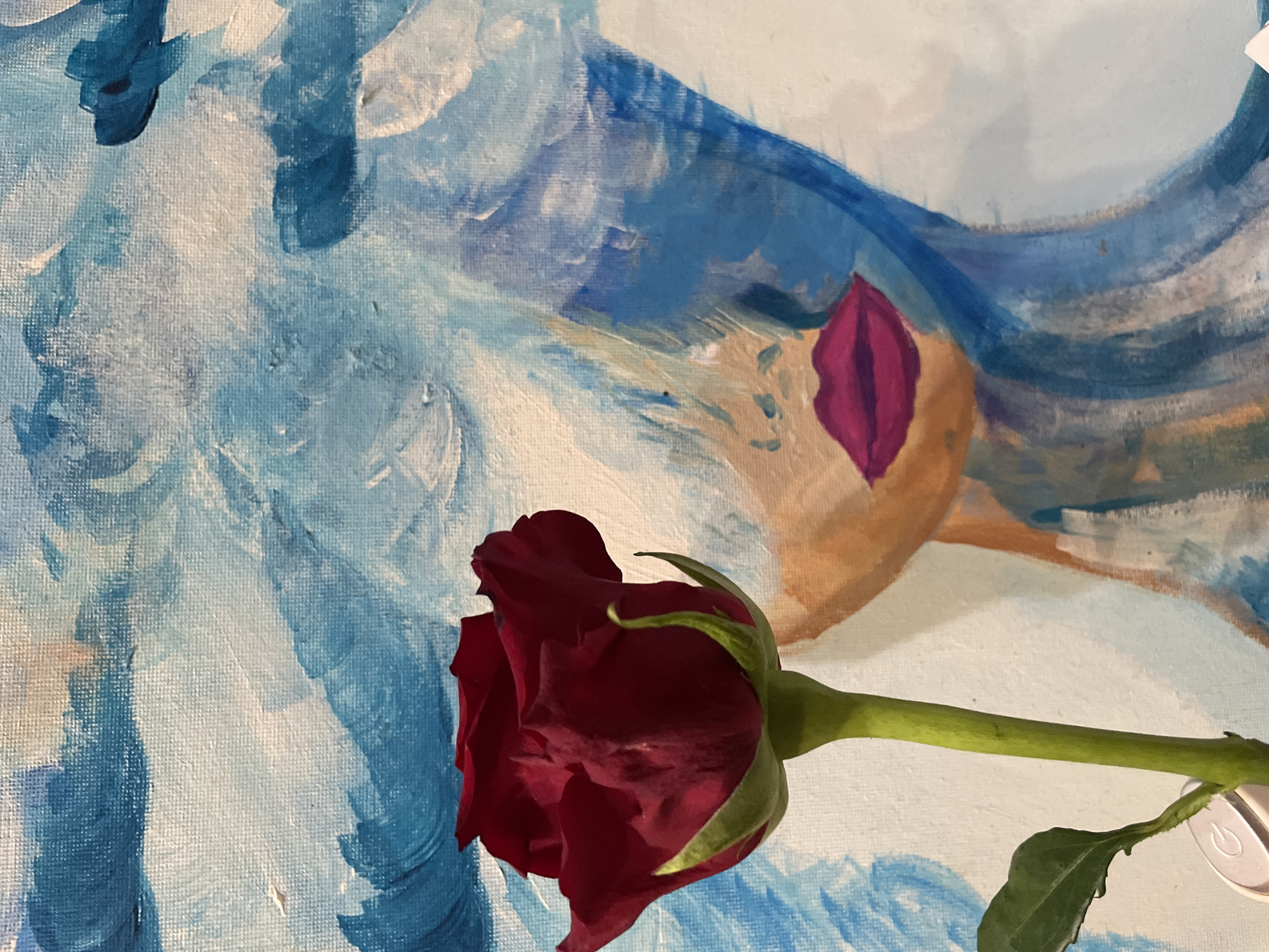 Artist arranges red roses with portrait paintings in Sochi