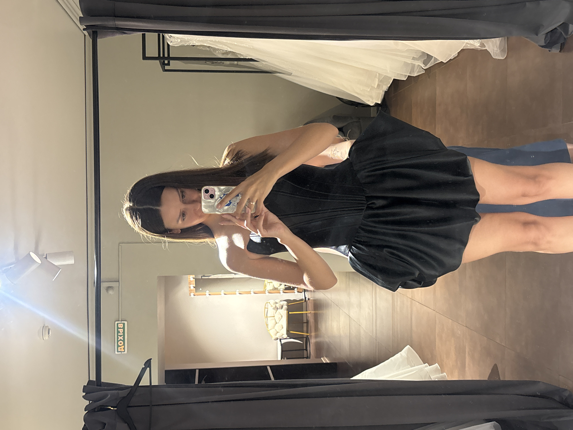 Fitting room mirror selfie in black dress, Krasnoyarsk