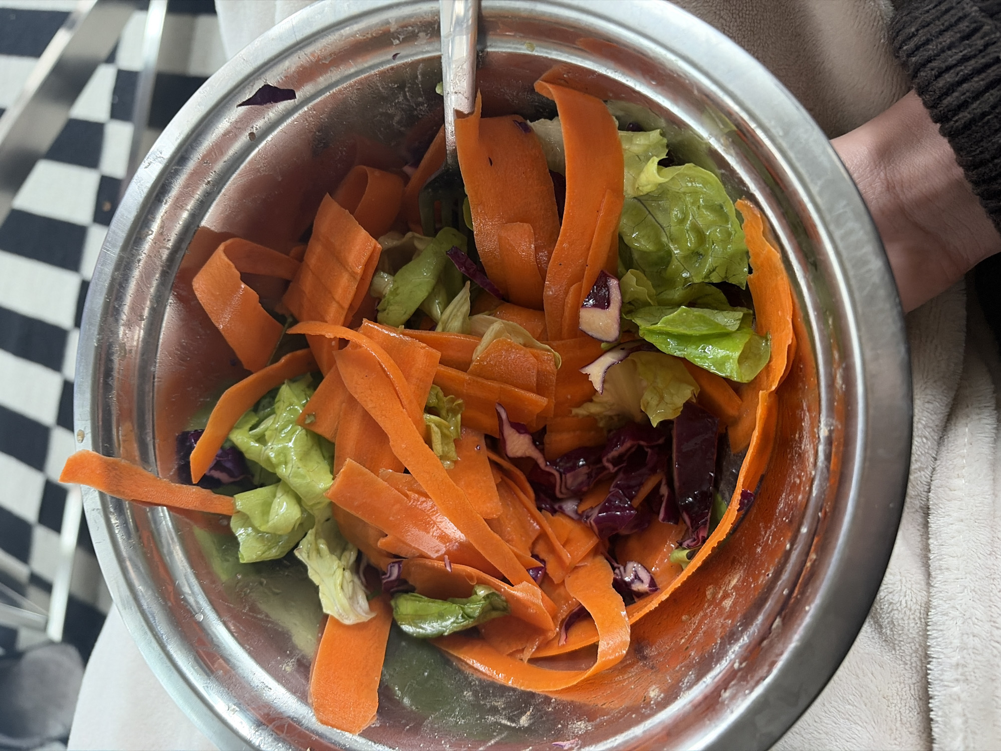 Mixed vegetable salad photographed in silver bowl in Montreal