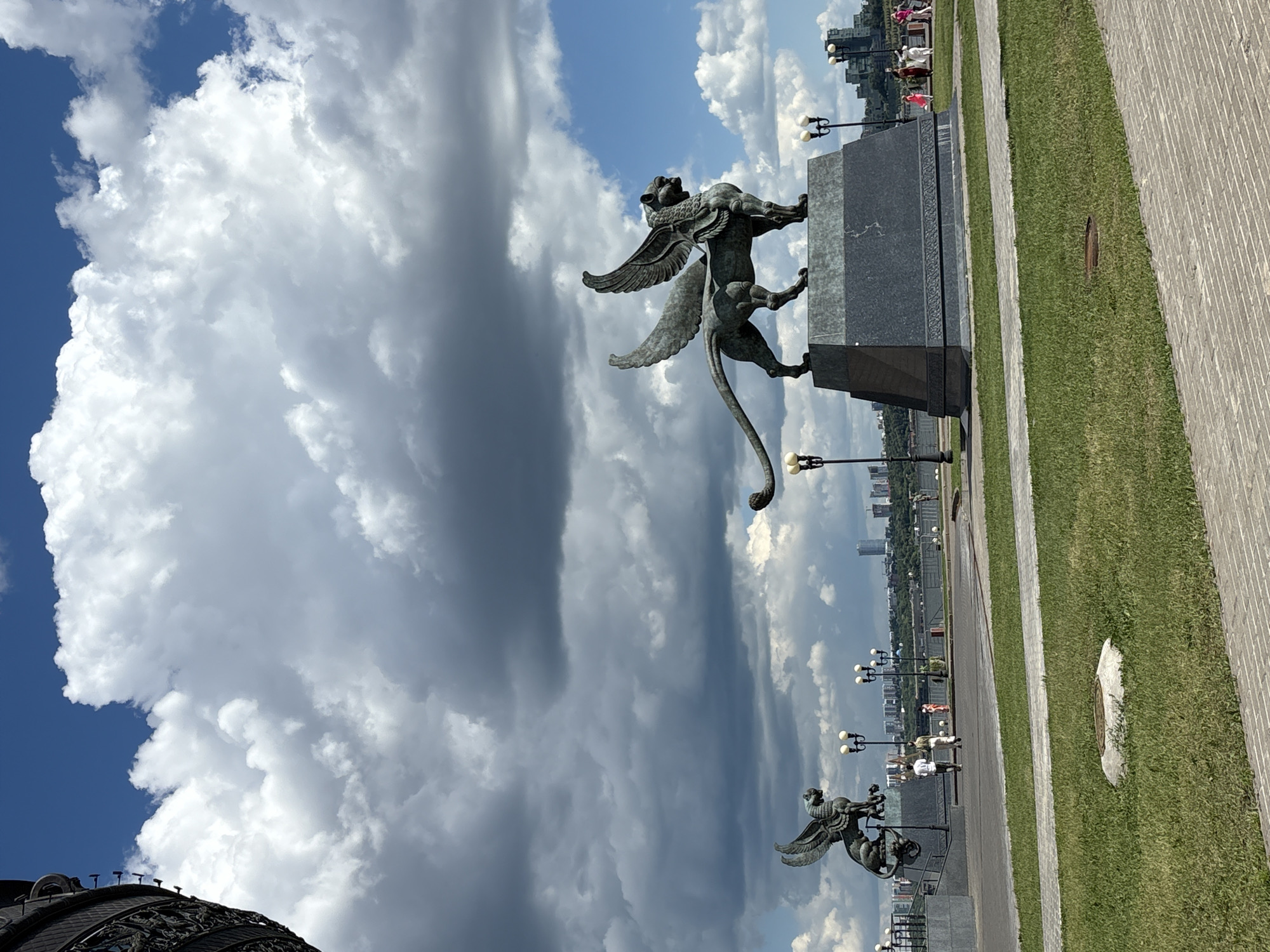 Bronze griffin sculptures at an outdoor site in Kazan