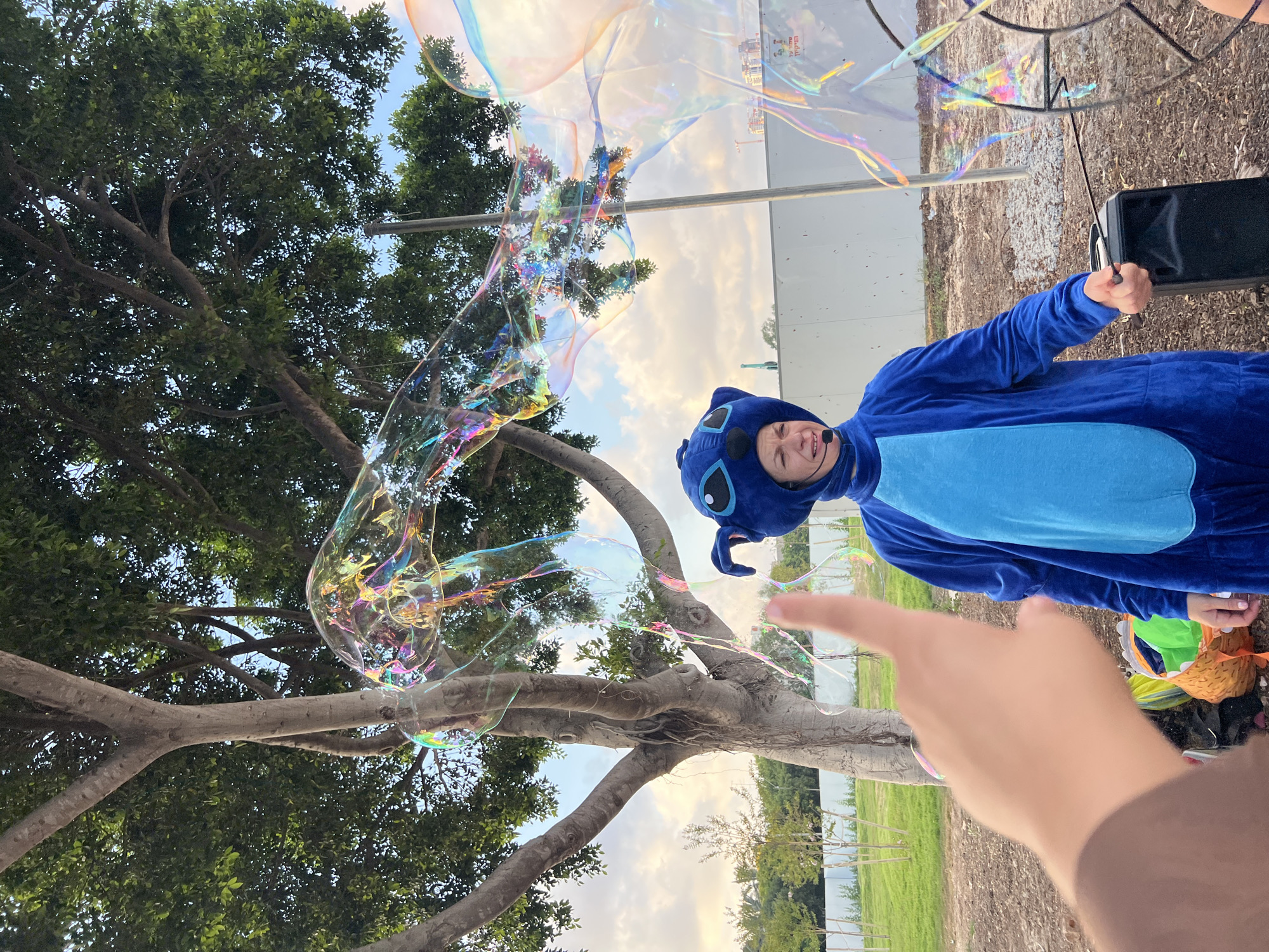 Stitch costume character runs a bubble show in Kiryat Bialik
