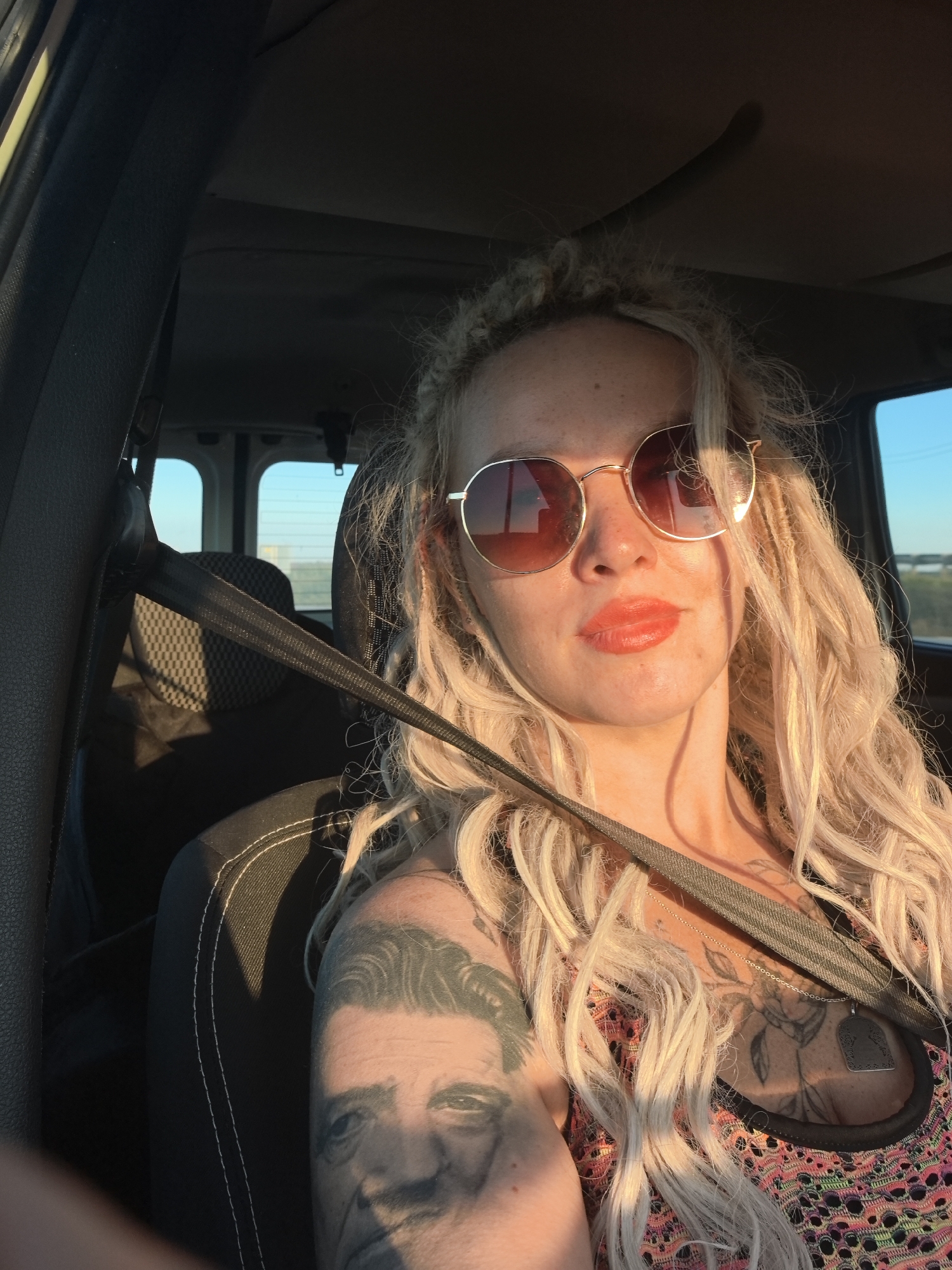 Road trip selfie and bulldog co-pilot, Poshatovo