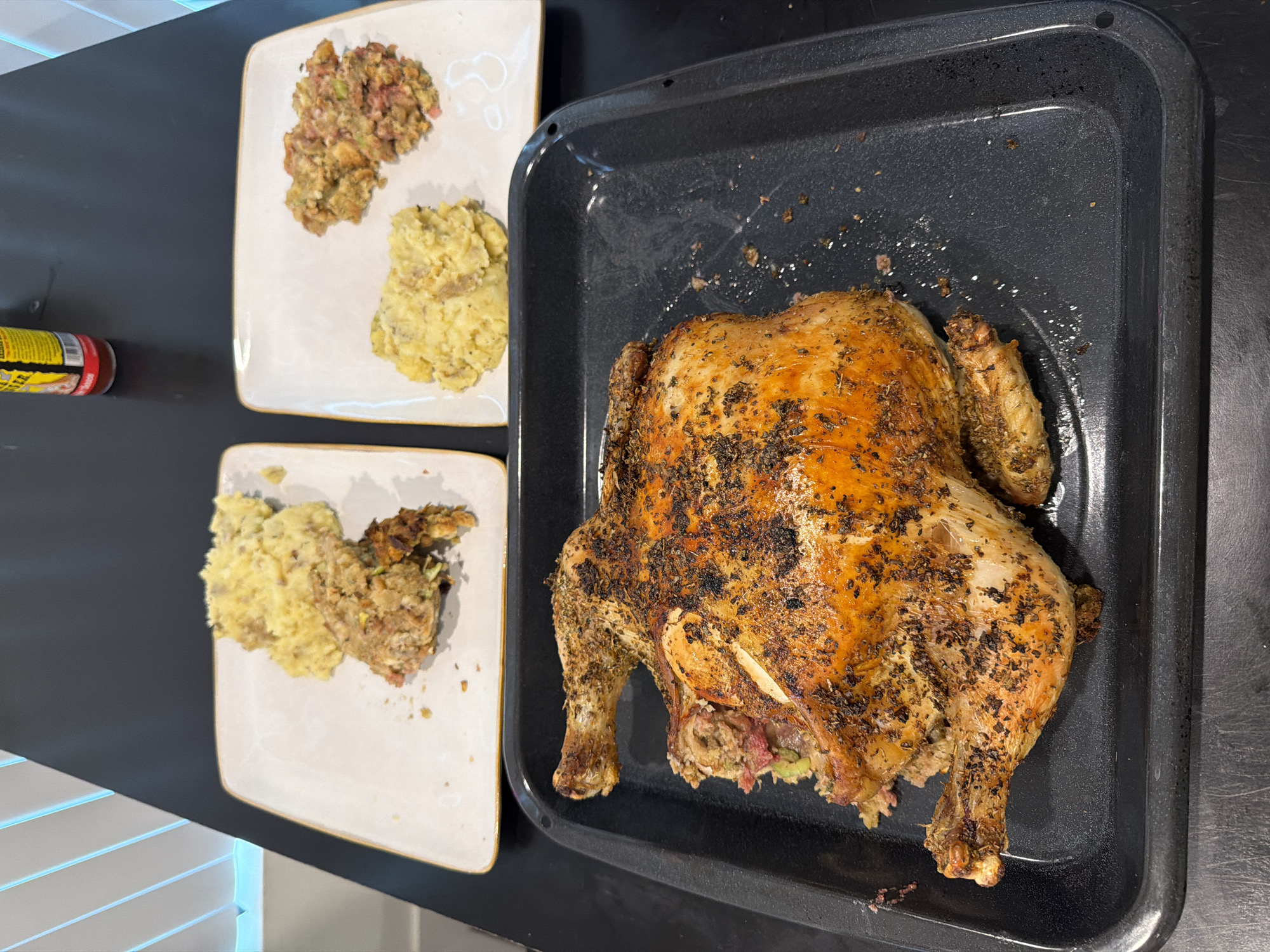 Home-cooked roasted chicken dinner documented in Los Angeles kitchen