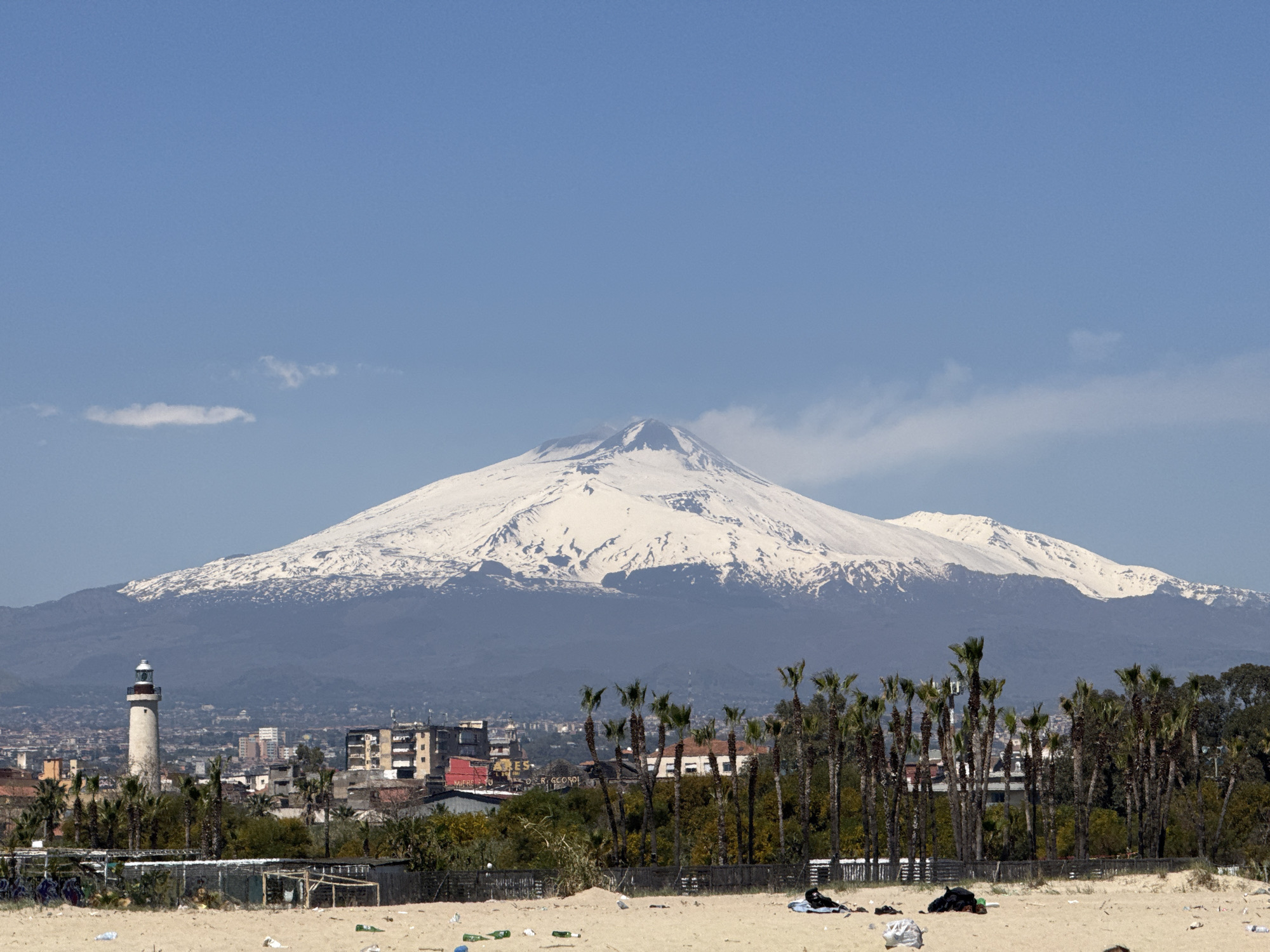 Sunny beach day in Catania with Mount Etna backdrop