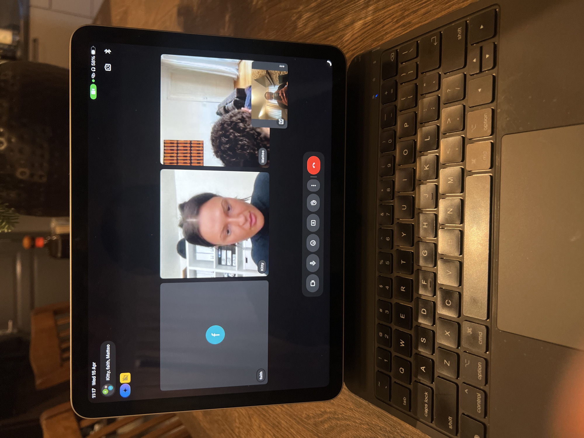 Three-person Google Meet call observed on iPad in Hemsedal