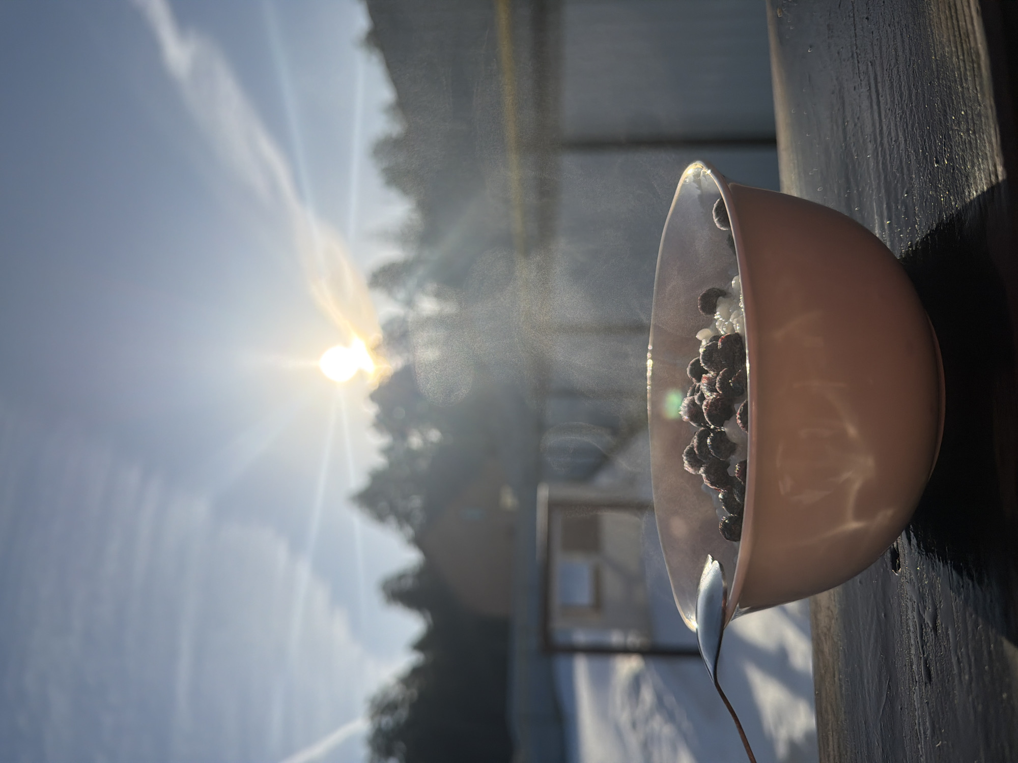 Child enjoys berry porridge outdoors on sunny day in Russia