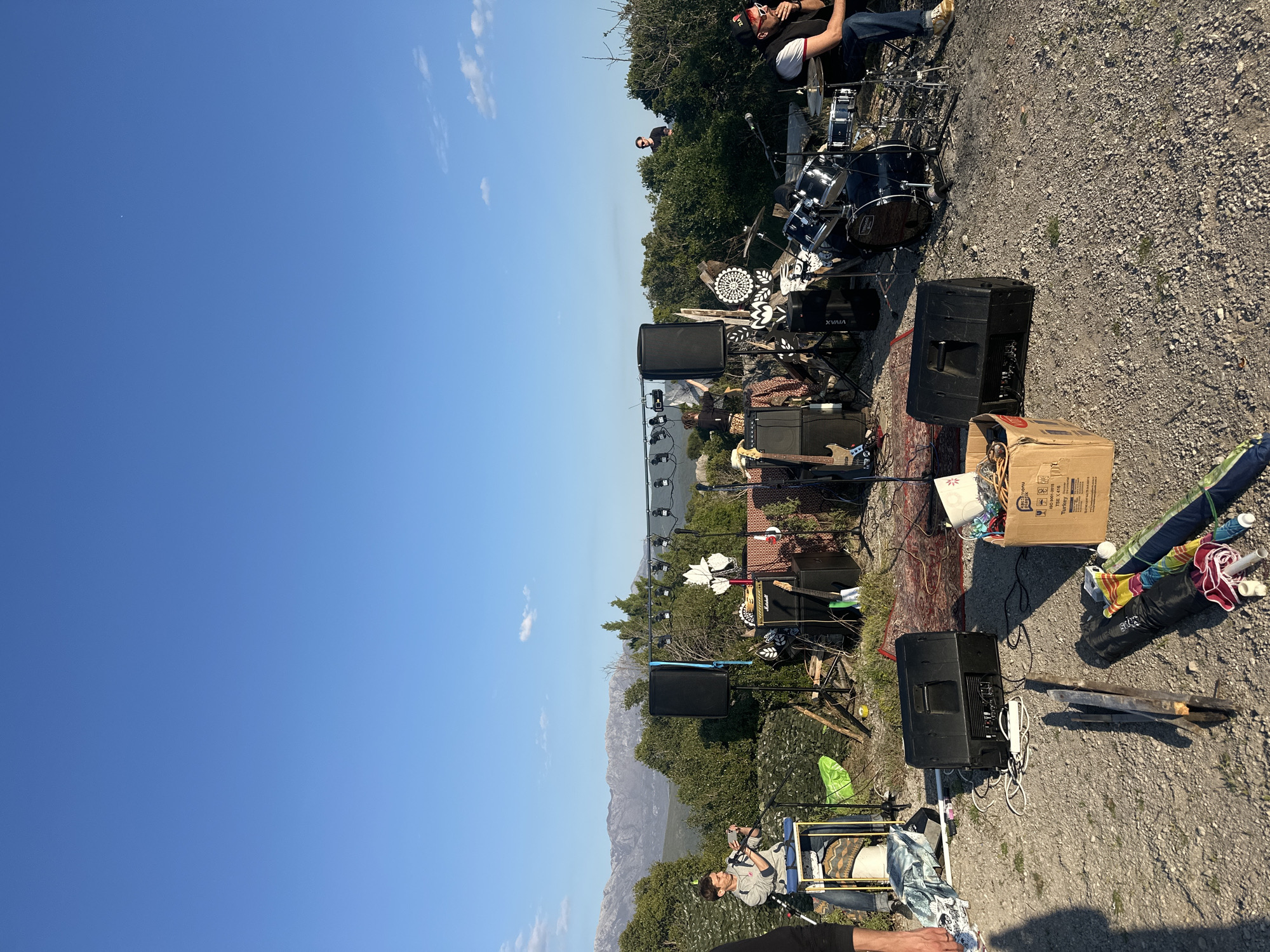 Outdoor music setup with art installations documented in Montenegro